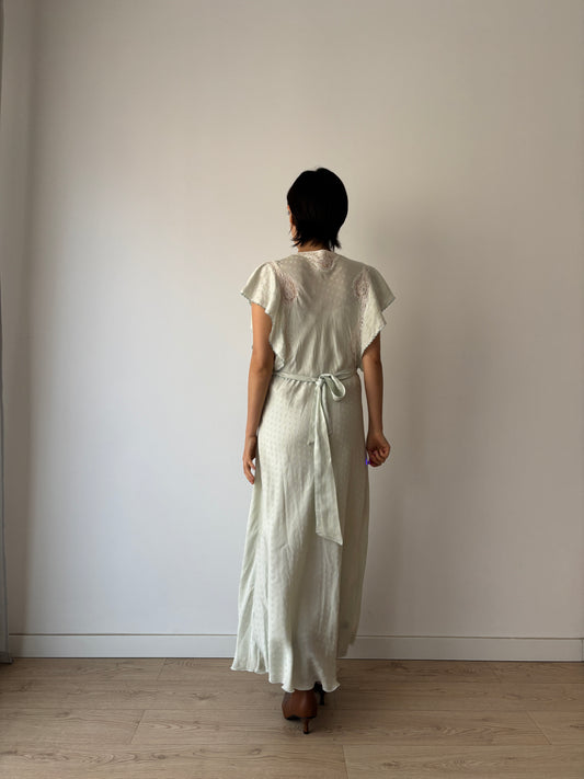 1940s Bias Cut Silk Crepe Gown in Mint and Floral Embroidered Lace