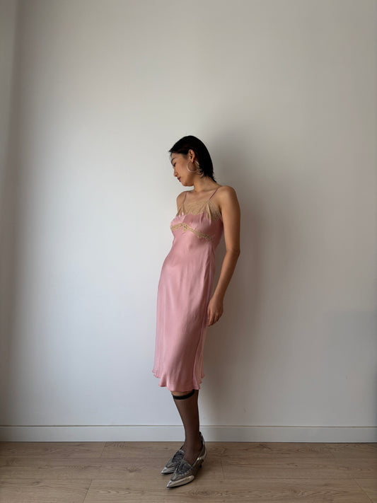 1930s 1940s Antique Pink French Lace Silk Slip dress, Antique mini dress