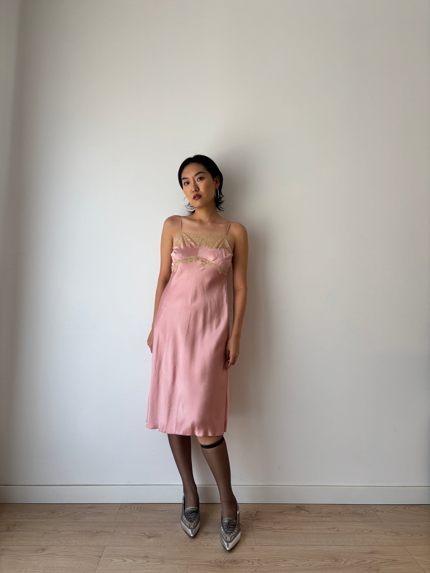 1930s 1940s Antique Pink French Lace Silk Slip dress, Antique mini dress