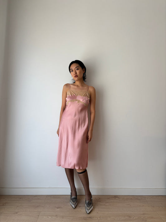 1930s 1940s Antique Pink French Lace Silk Slip dress, Antique mini dress