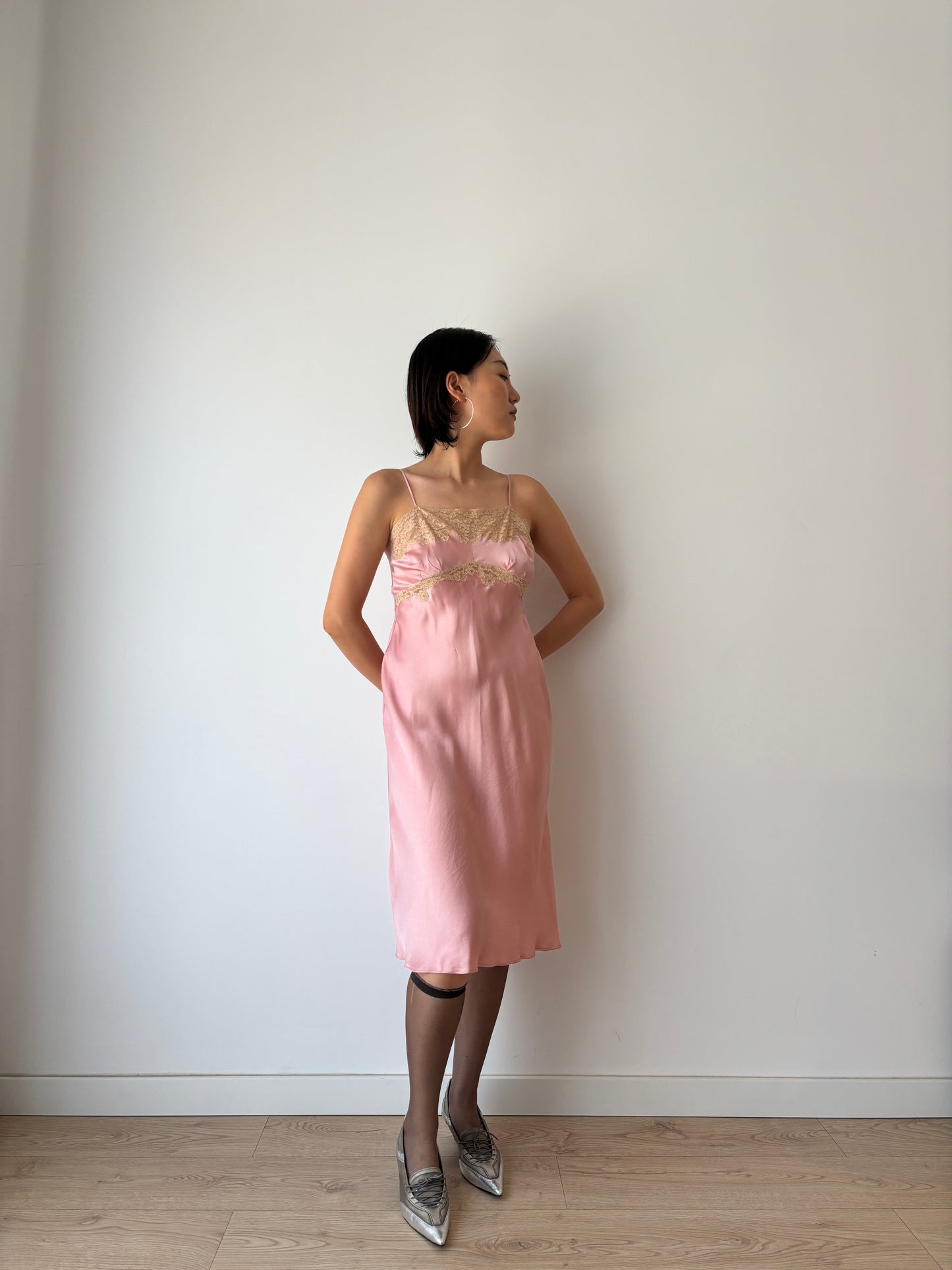 1930s 1940s Antique Pink French Lace Silk Slip dress, Antique mini dress