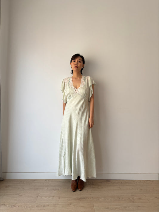 1940s Bias Cut Silk Crepe Gown in Mint and Floral Embroidered Lace