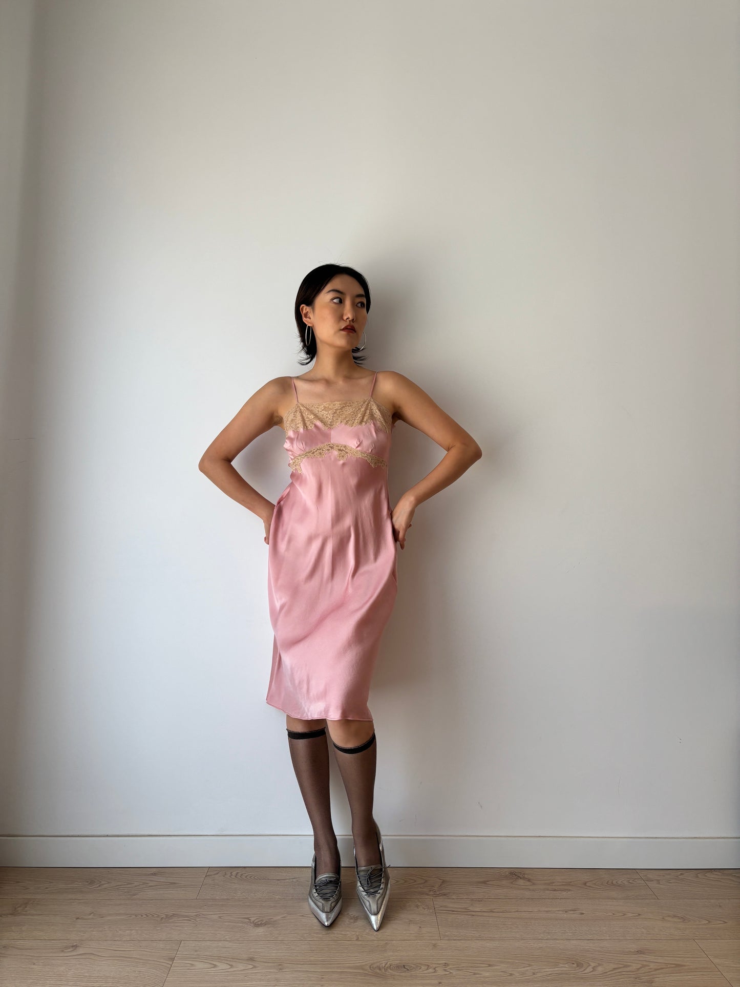 1930s 1940s Antique Pink French Lace Silk Slip dress, Antique mini dress