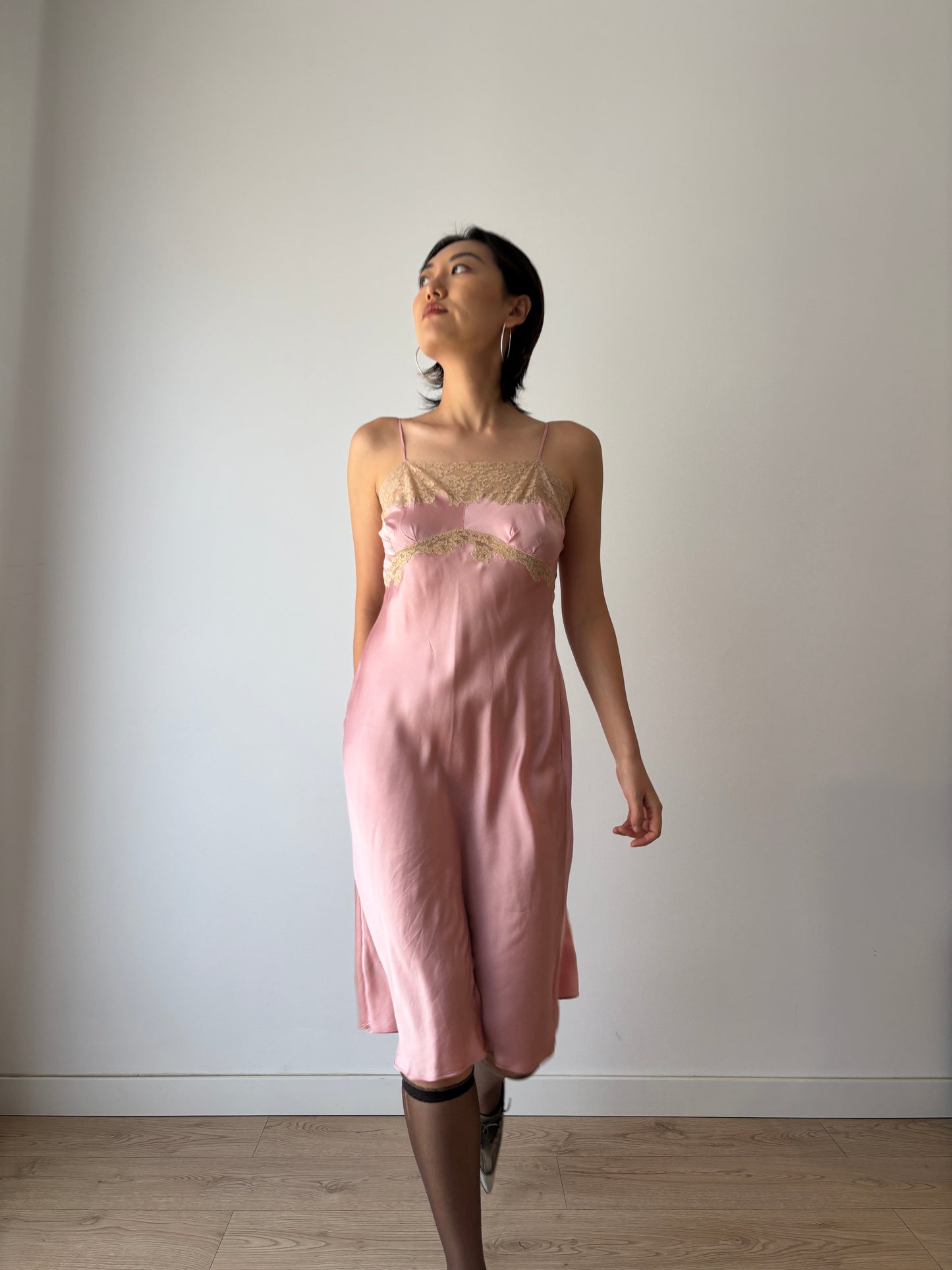 1930s 1940s Antique Pink French Lace Silk Slip dress, Antique mini dress