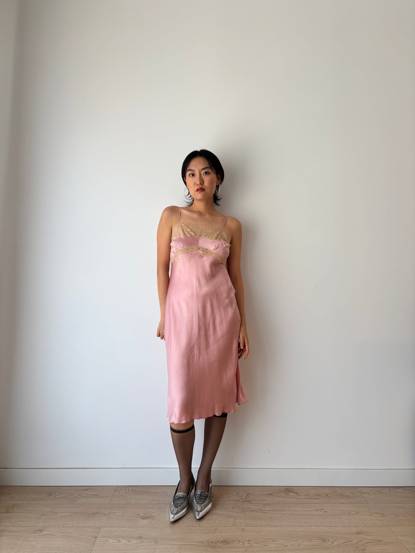 1930s 1940s Antique Pink French Lace Silk Slip dress, Antique mini dress