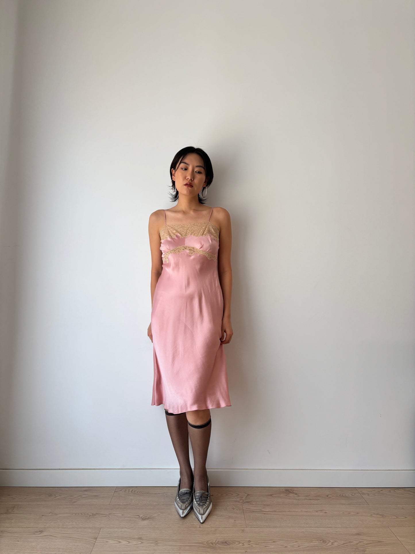 1930s 1940s Antique Pink French Lace Silk Slip dress, Antique mini dress