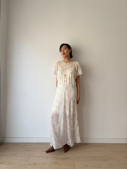 1940s White Lace Blue Floral Print Silk Slip Maxi Dress, Vintage Romantic Cottagecore Maxi Slip Bridal Translucent Gown