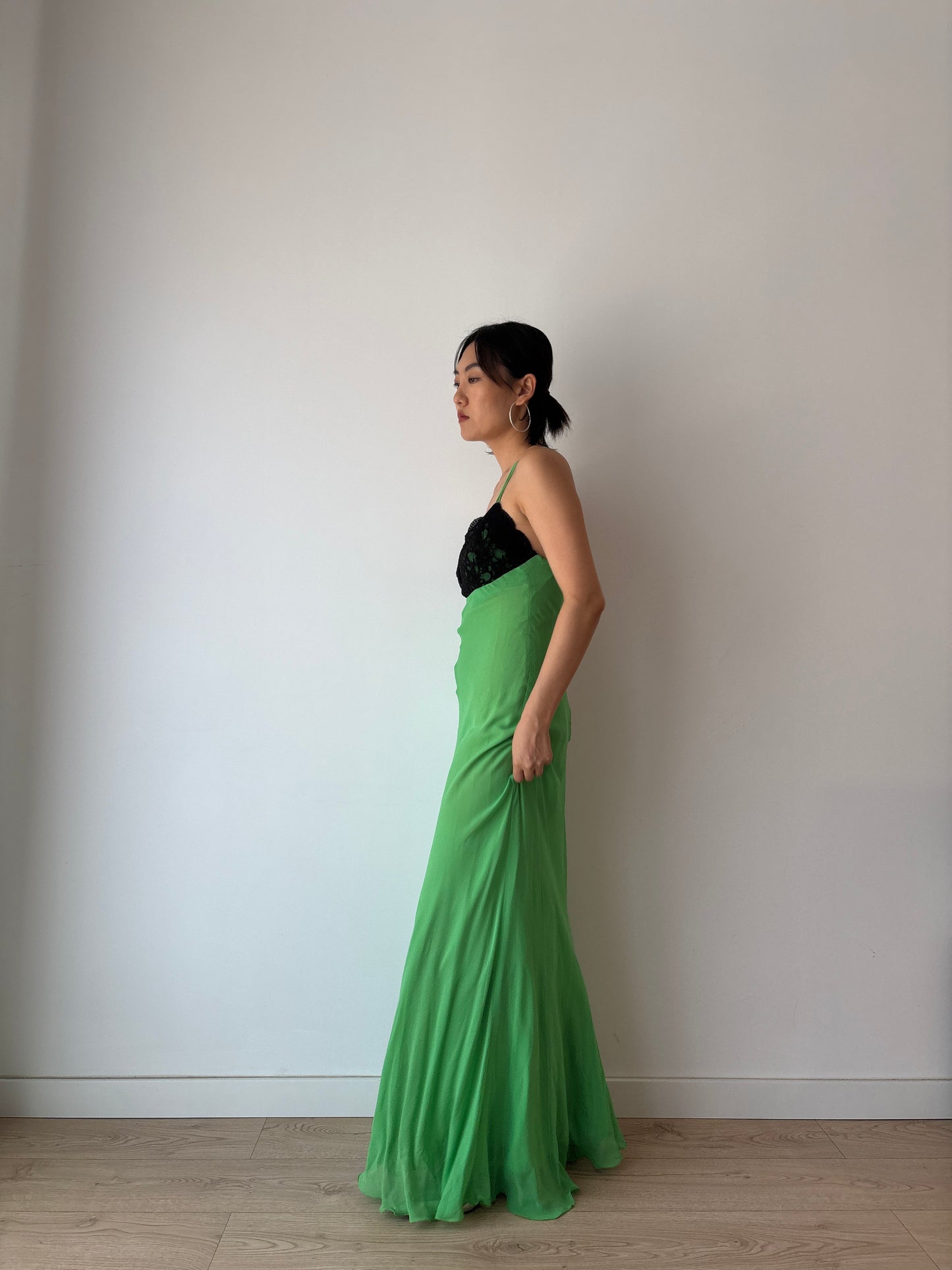 1990s Vintage Y2K Pure Silk Green Black Lace Evening Prom Formal Party Wedding Fairy Dress