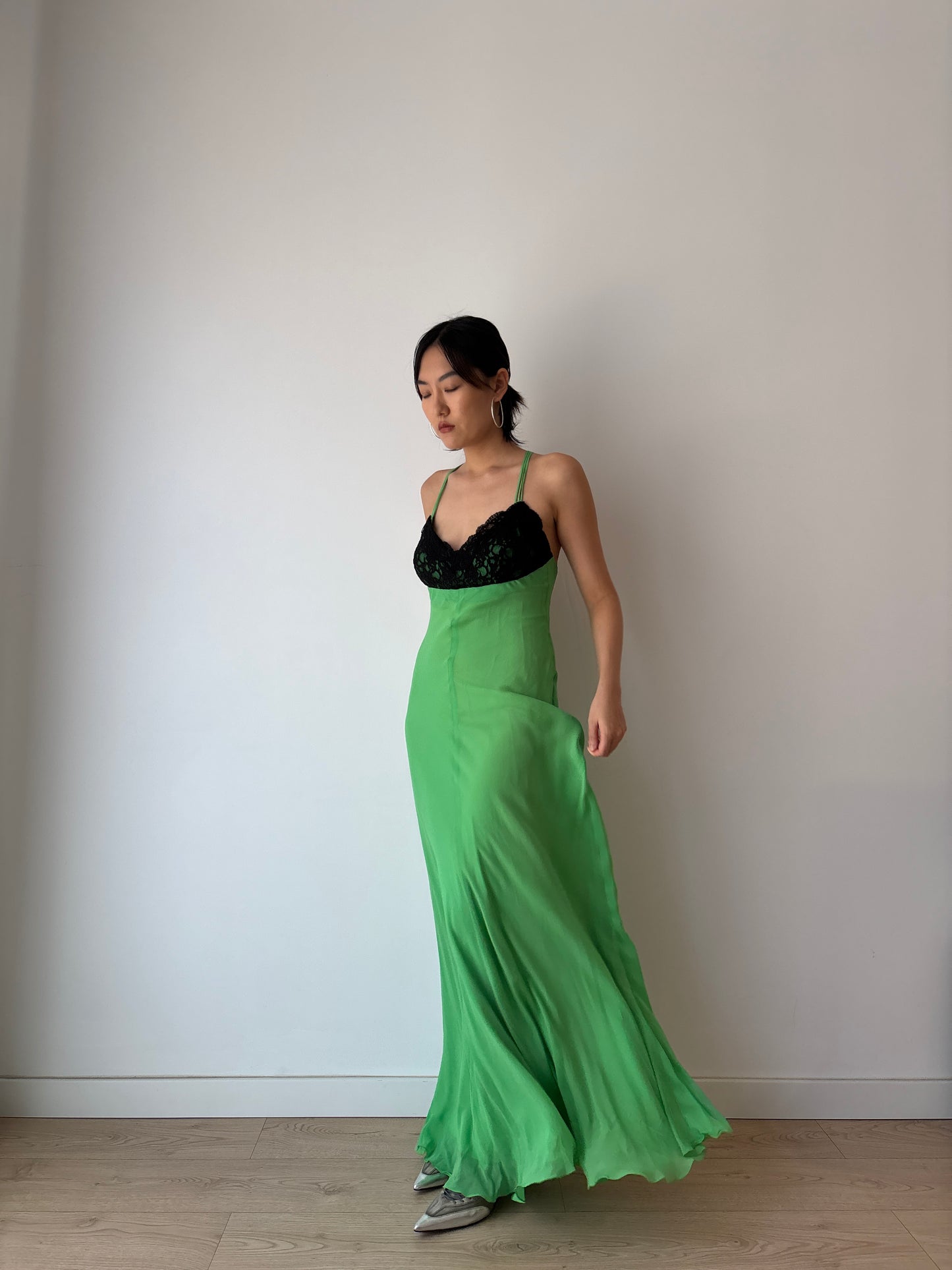 1990s Vintage Y2K Pure Silk Green Black Lace Evening Prom Formal Party Wedding Fairy Dress