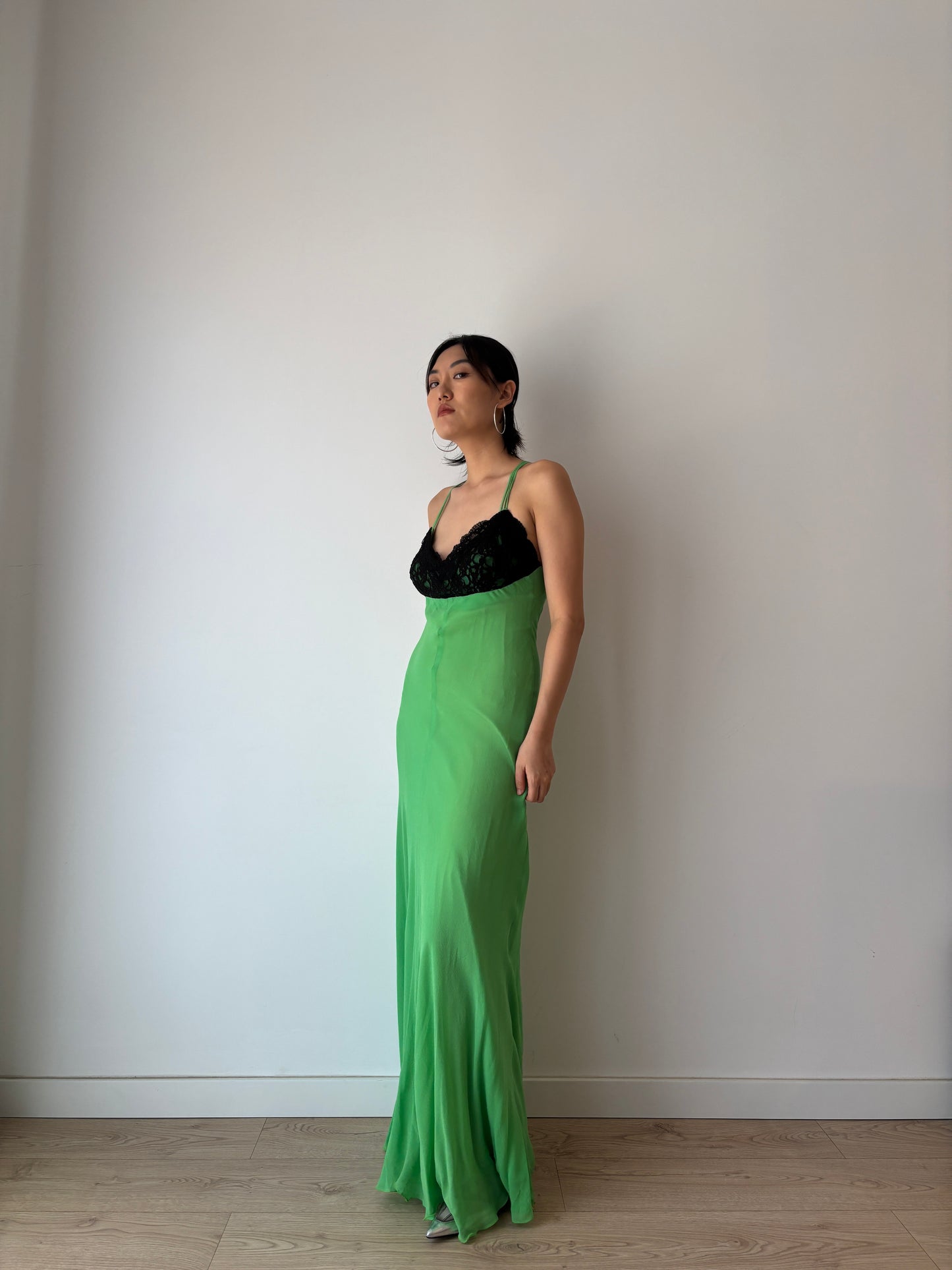 1990s Vintage Y2K Pure Silk Green Black Lace Evening Prom Formal Party Wedding Fairy Dress