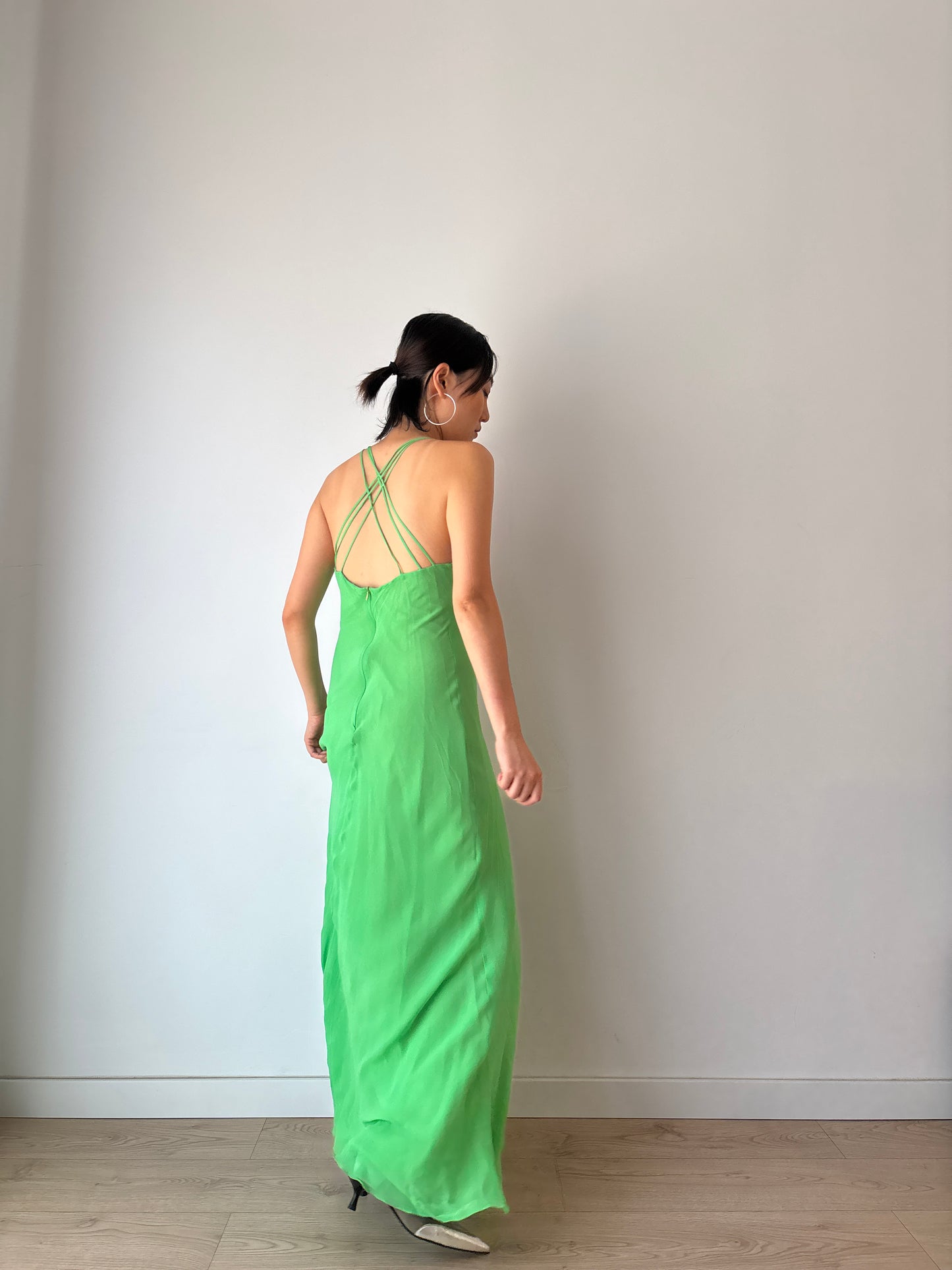 1990s Vintage Y2K Pure Silk Green Black Lace Evening Prom Formal Party Wedding Fairy Dress