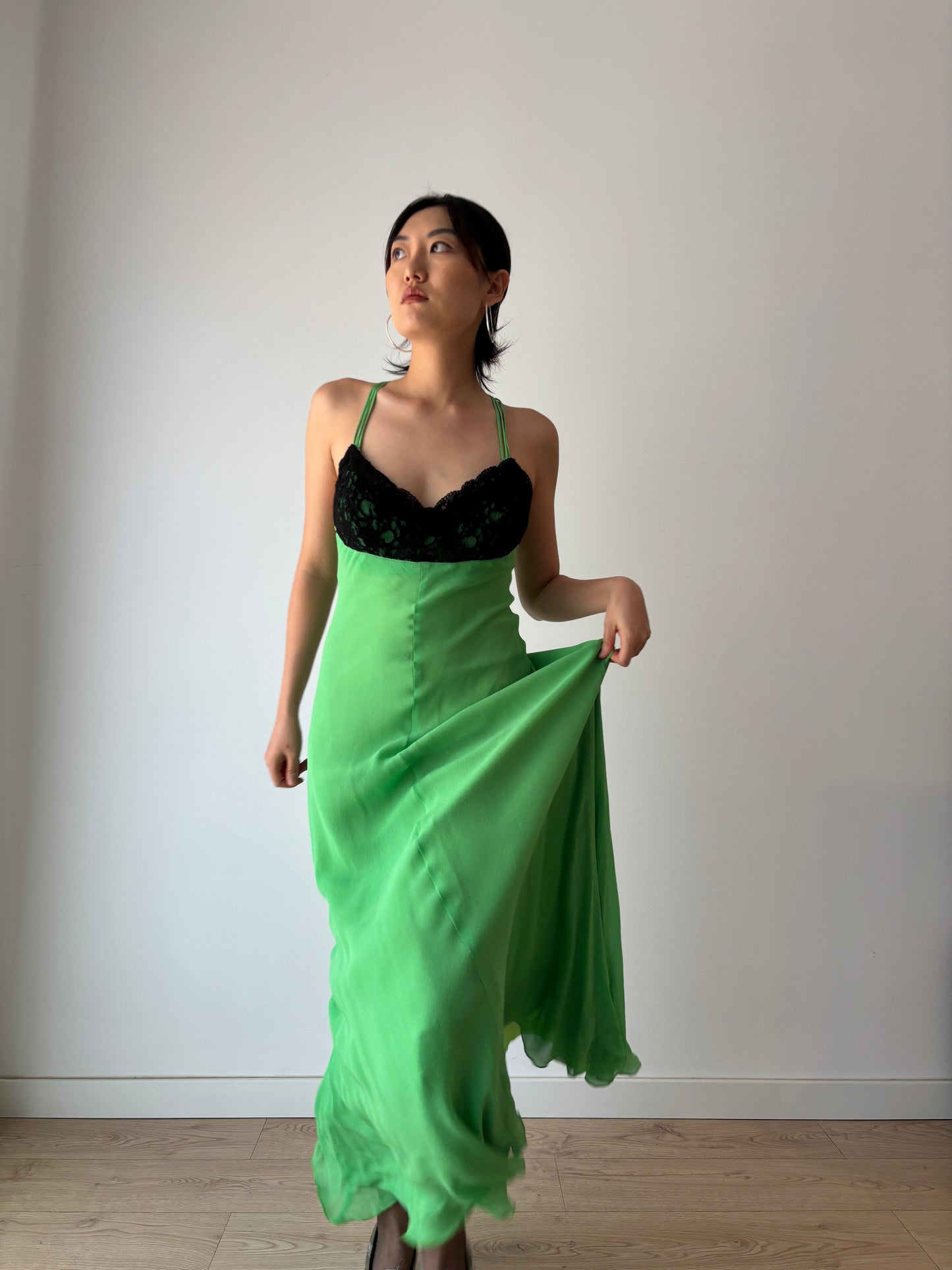 1990s Vintage Y2K Pure Silk Green Black Lace Evening Prom Formal Party Wedding Fairy Dress