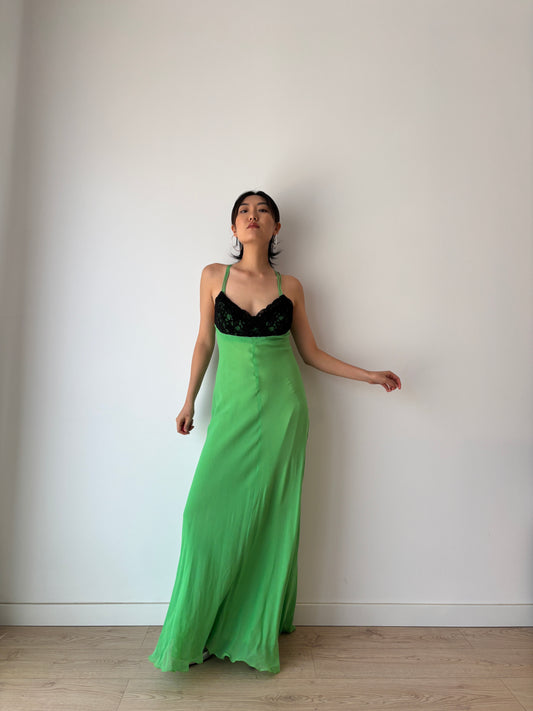 1990s Vintage Y2K Pure Silk Green Black Lace Evening Prom Formal Party Wedding Fairy Dress