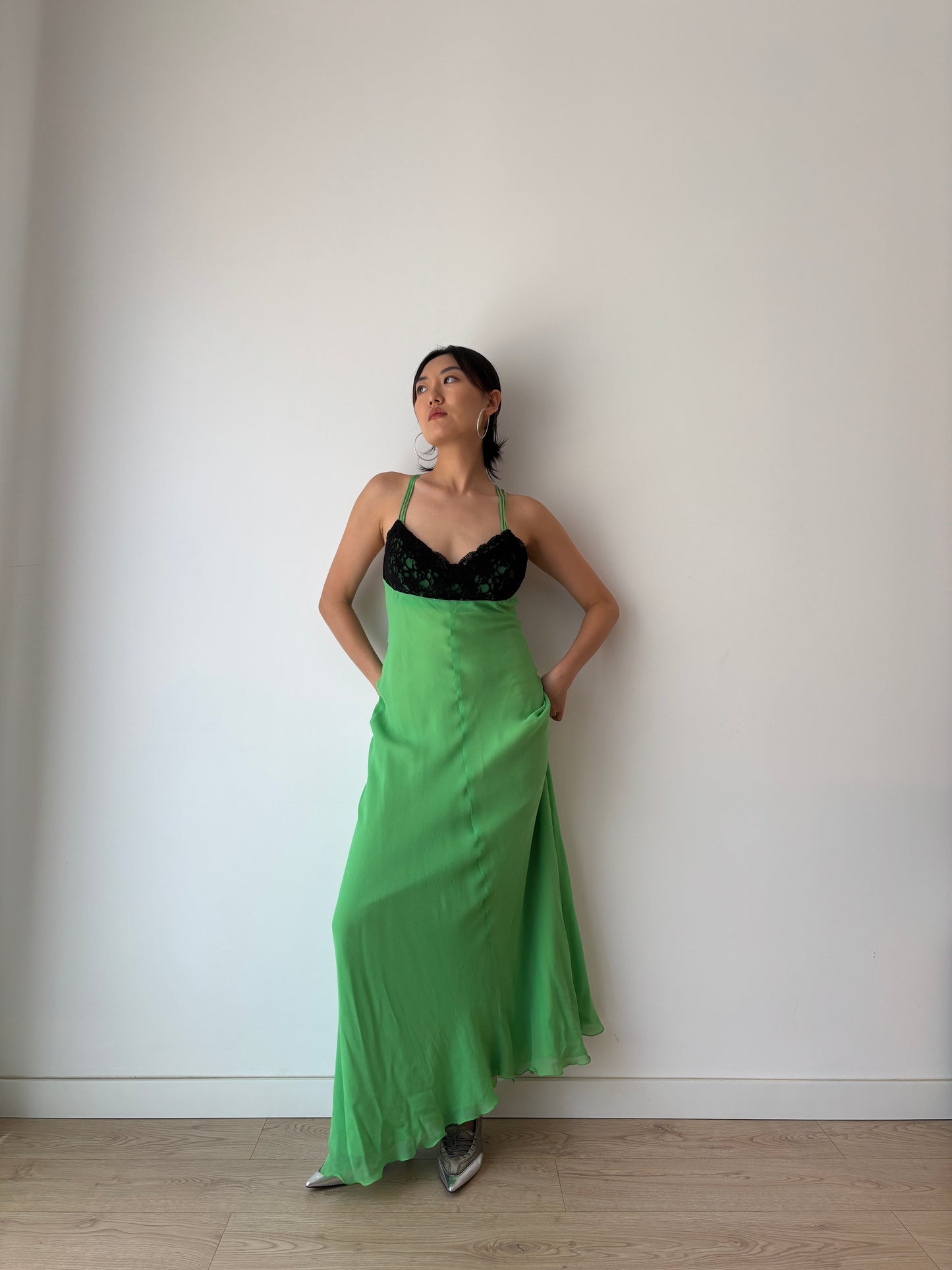 1990s Vintage Y2K Pure Silk Green Black Lace Evening Prom Formal Party Wedding Fairy Dress