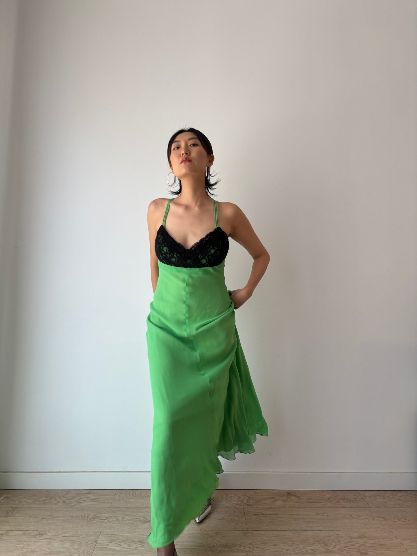 1990s Vintage Y2K Pure Silk Green Black Lace Evening Prom Formal Party Wedding Fairy Dress