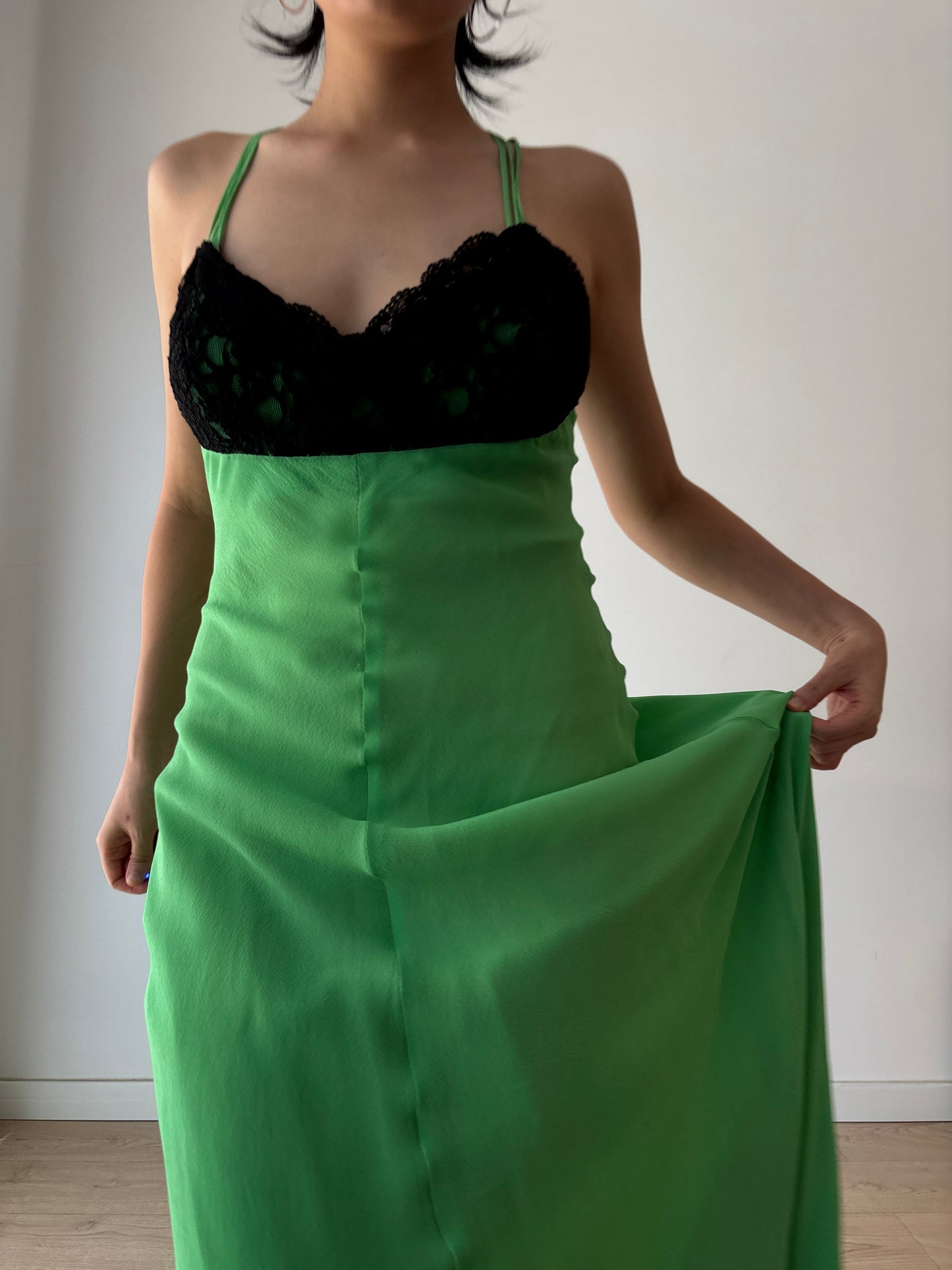 1990s Vintage Y2K Pure Silk Green Black Lace Evening Prom Formal Party Wedding Fairy Dress