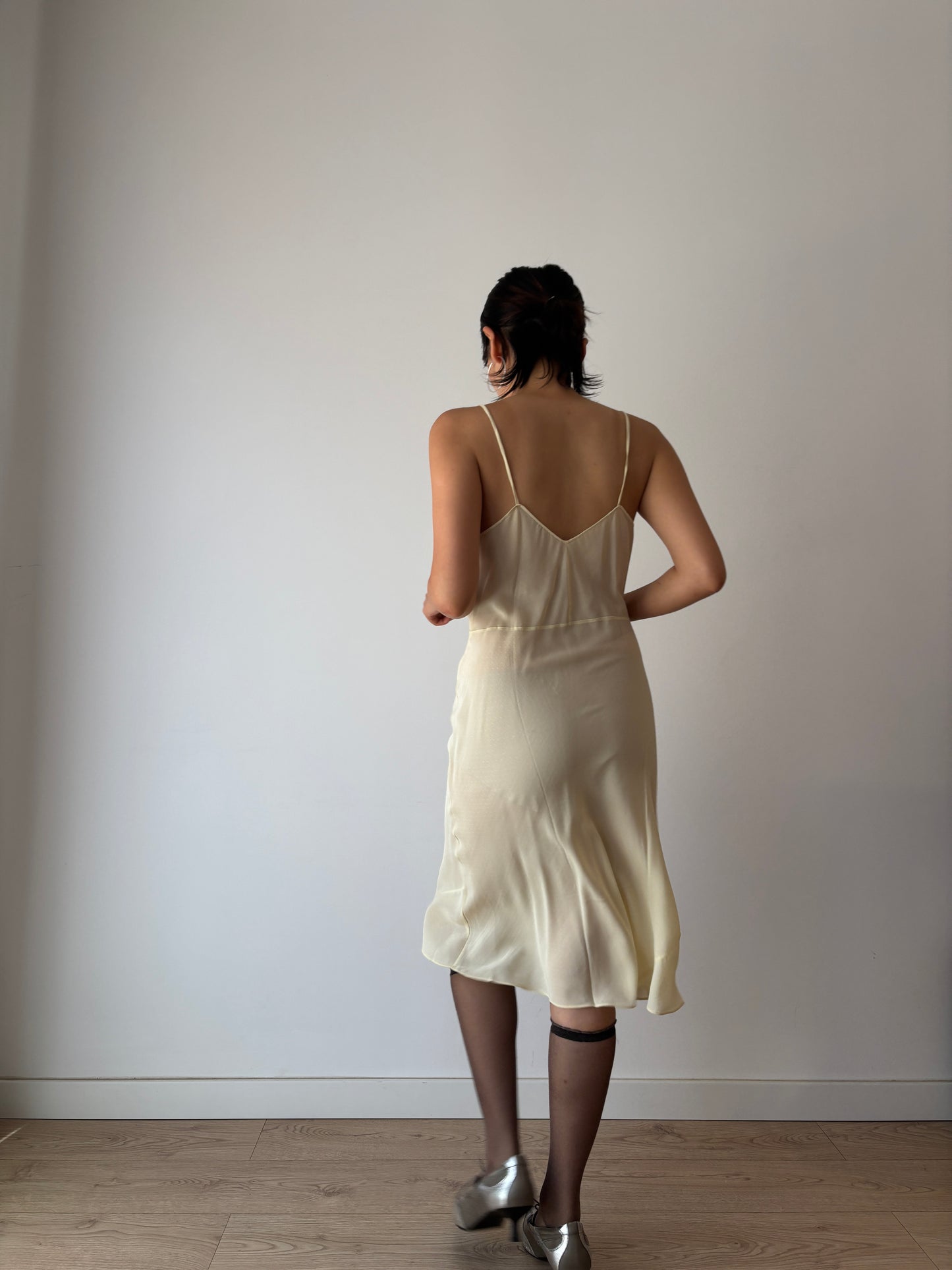 1930s Antique Yellow Lace Silk Embroidered Slip dress, Vintage lace mini dress