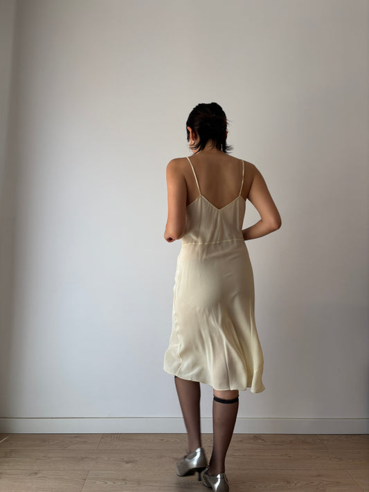 1930s Antique Yellow Lace Silk Embroidered Slip dress, Vintage lace mini dress