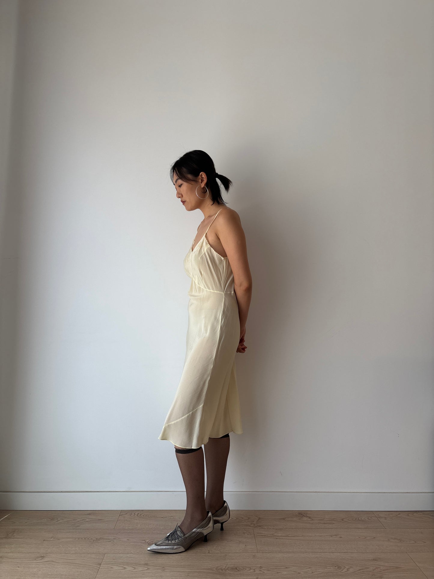 1930s Antique Yellow Lace Silk Embroidered Slip dress, Vintage lace mini dress