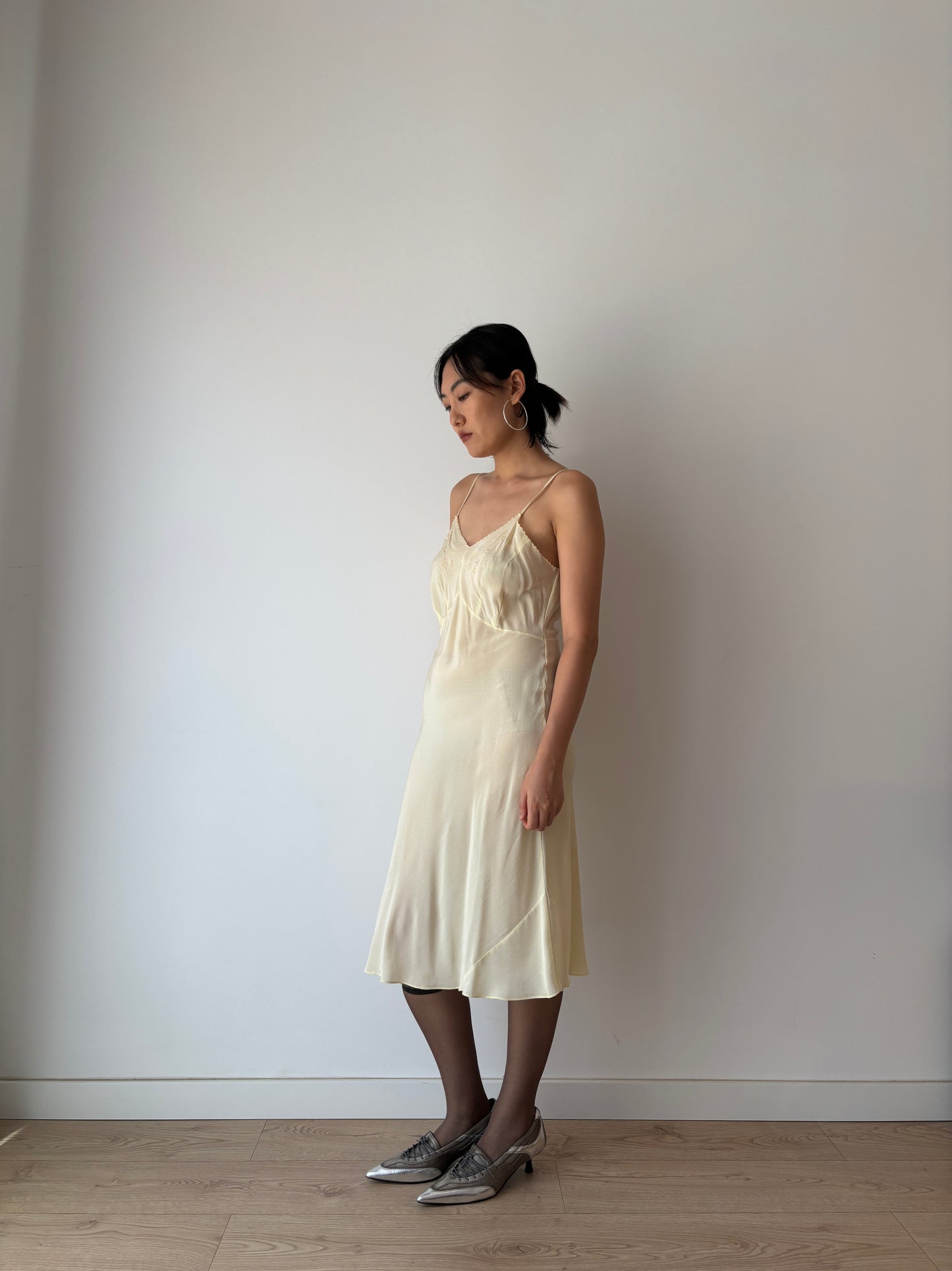 1930s Antique Yellow Lace Silk Embroidered Slip dress, Vintage lace mini dress