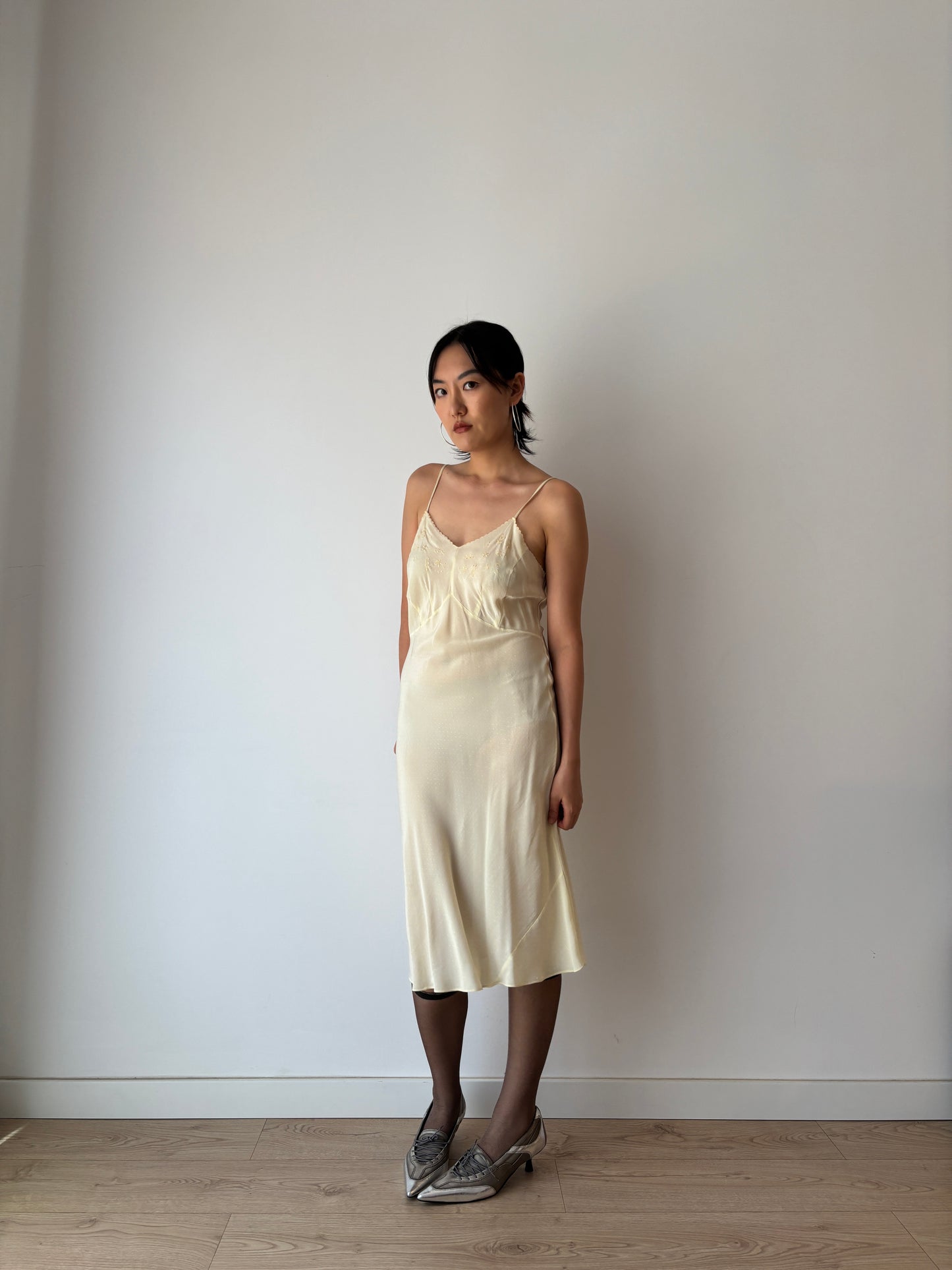 1930s Antique Yellow Lace Silk Embroidered Slip dress, Vintage lace mini dress