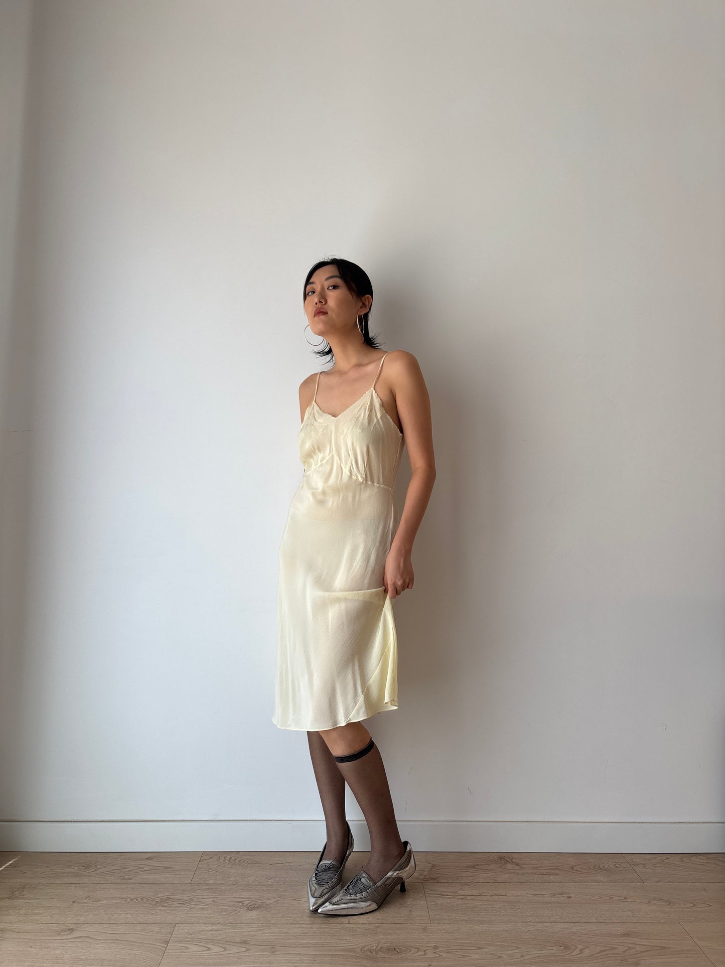 1930s Antique Yellow Lace Silk Embroidered Slip dress, Vintage lace mini dress