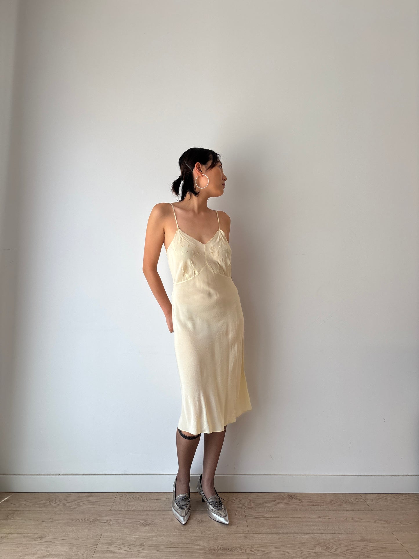 1930s Antique Yellow Lace Silk Embroidered Slip dress, Vintage lace mini dress