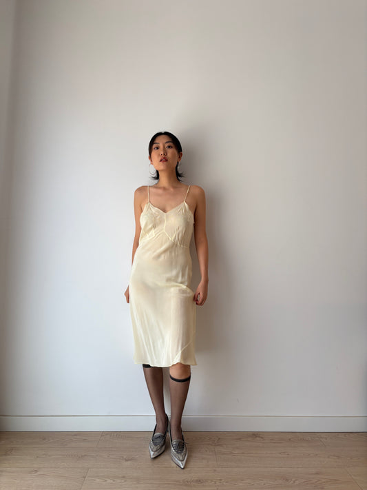 1930s Antique Yellow Lace Silk Embroidered Slip dress, Vintage lace mini dress