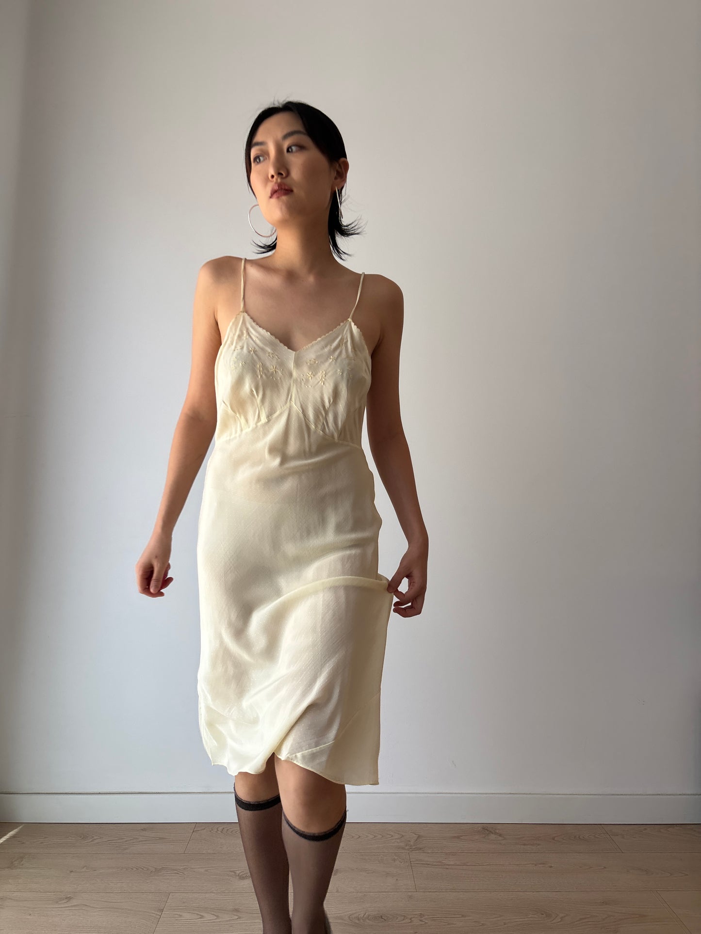 1930s Antique Yellow Lace Silk Embroidered Slip dress, Vintage lace mini dress