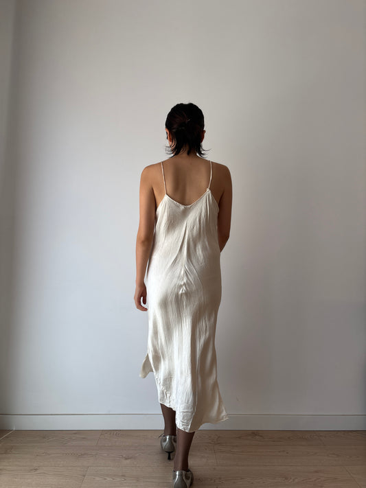 1940s White Antique Lace Liquid Silk Satin Slip Bridal dress