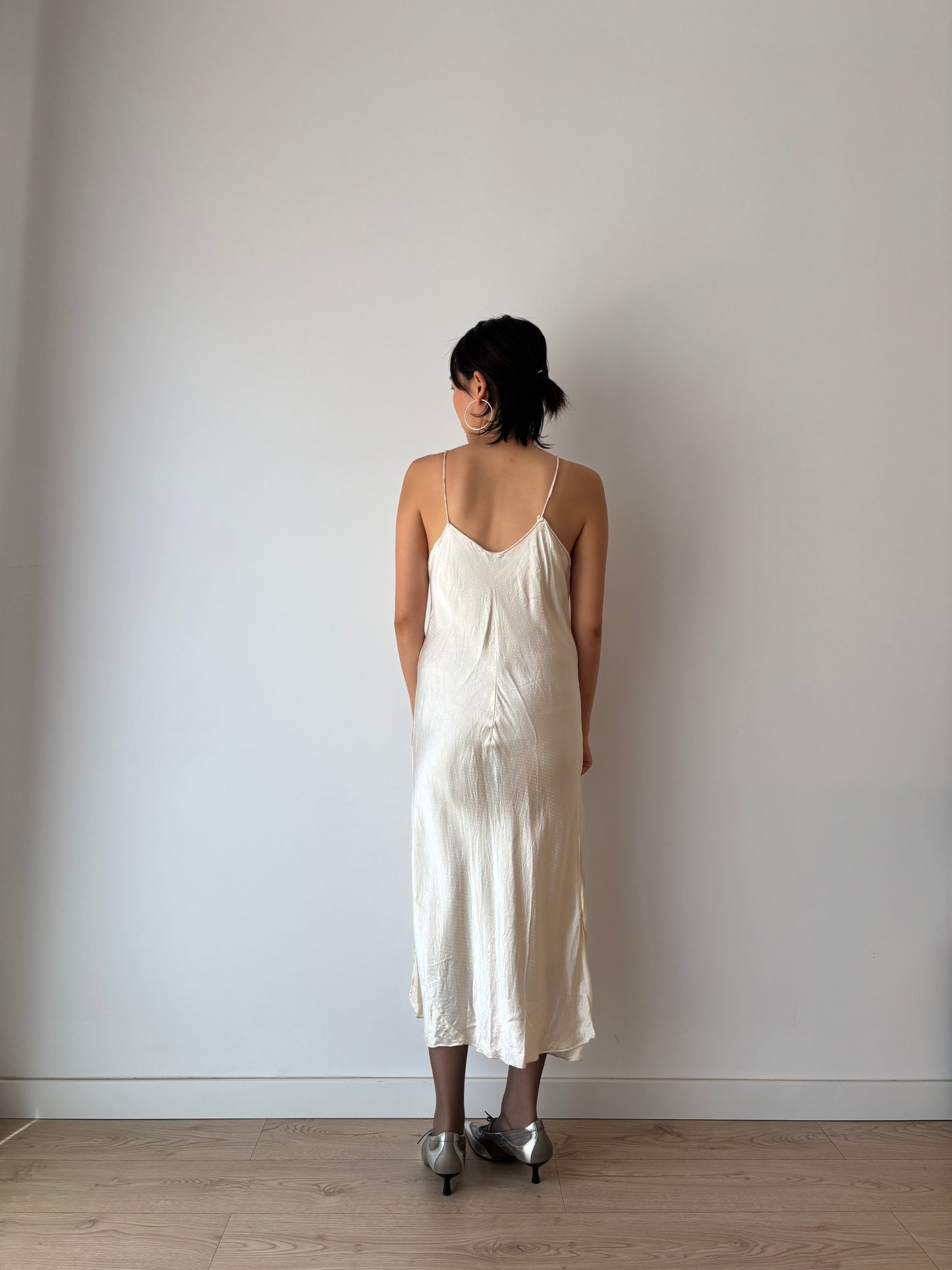 1940s White Antique Lace Liquid Silk Satin Slip Bridal dress