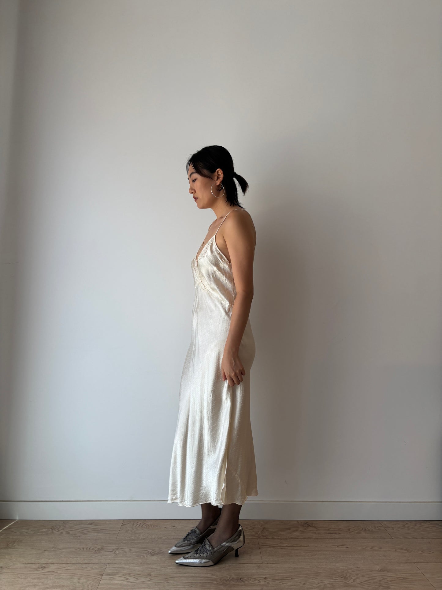 1940s White Antique Lace Liquid Silk Satin Slip Bridal dress