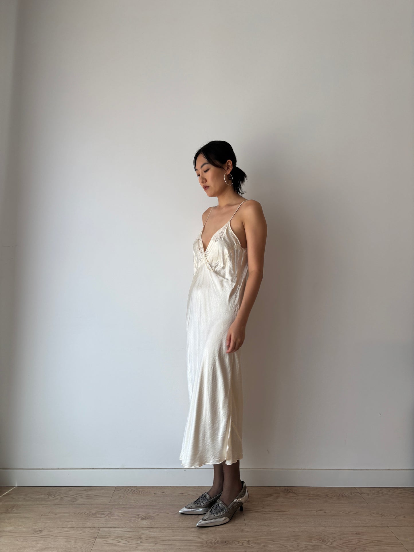 1940s White Antique Lace Liquid Silk Satin Slip Bridal dress