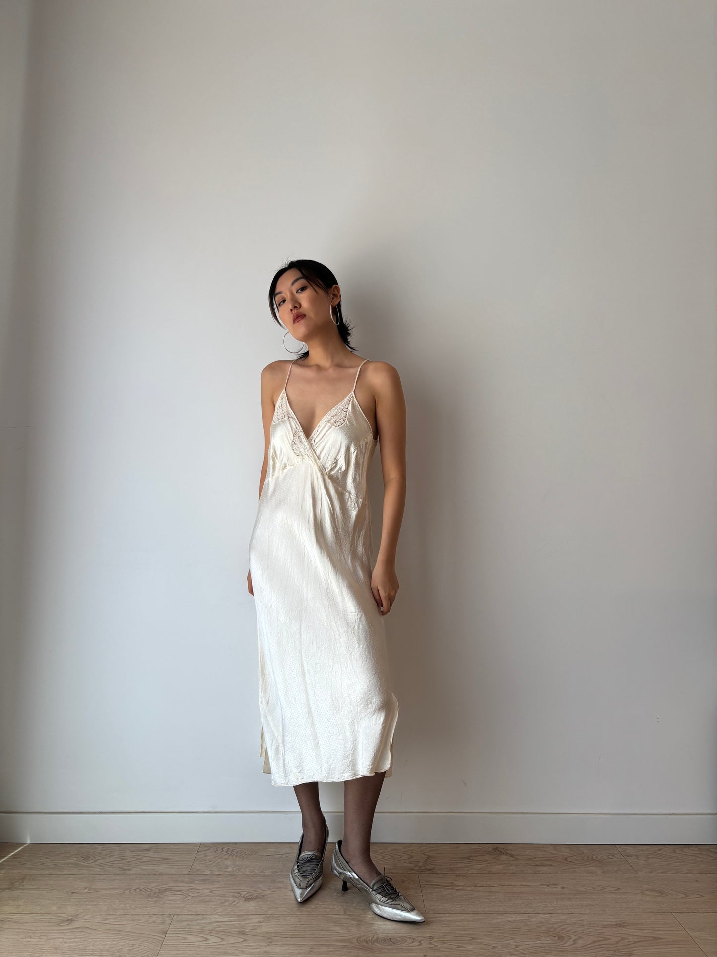 1940s White Antique Lace Liquid Silk Satin Slip Bridal dress