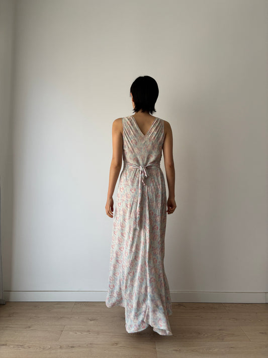 1930s Satin Floral Maxi Slip Dress, Pink Blue Print, Romantic Summer Gown