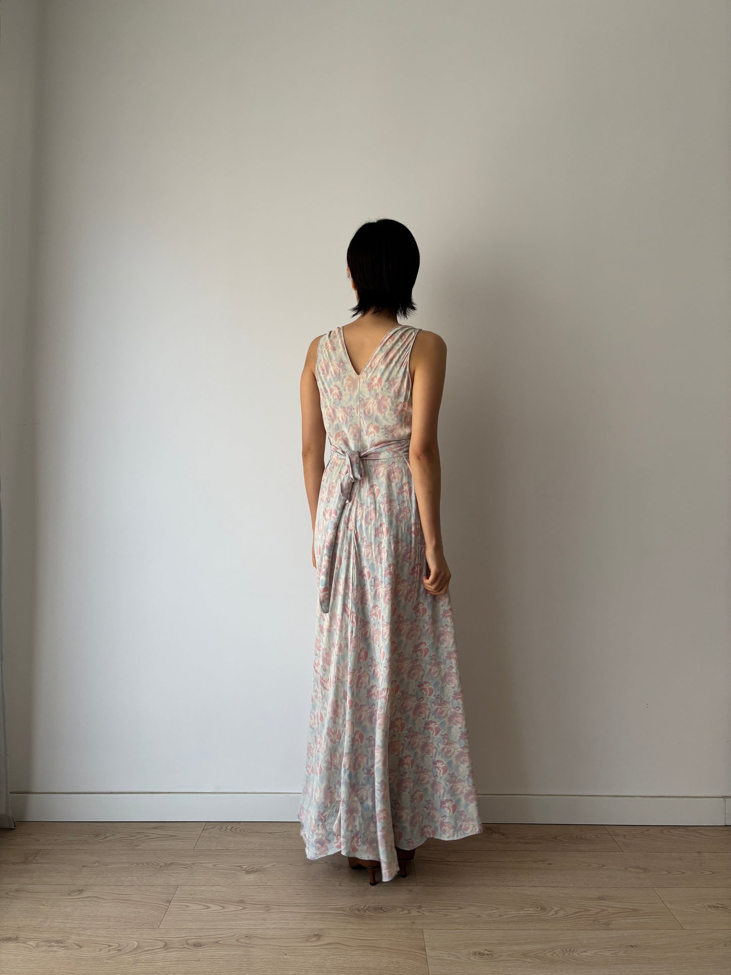 1930s Satin Floral Maxi Slip Dress, Pink Blue Print, Romantic Summer Gown