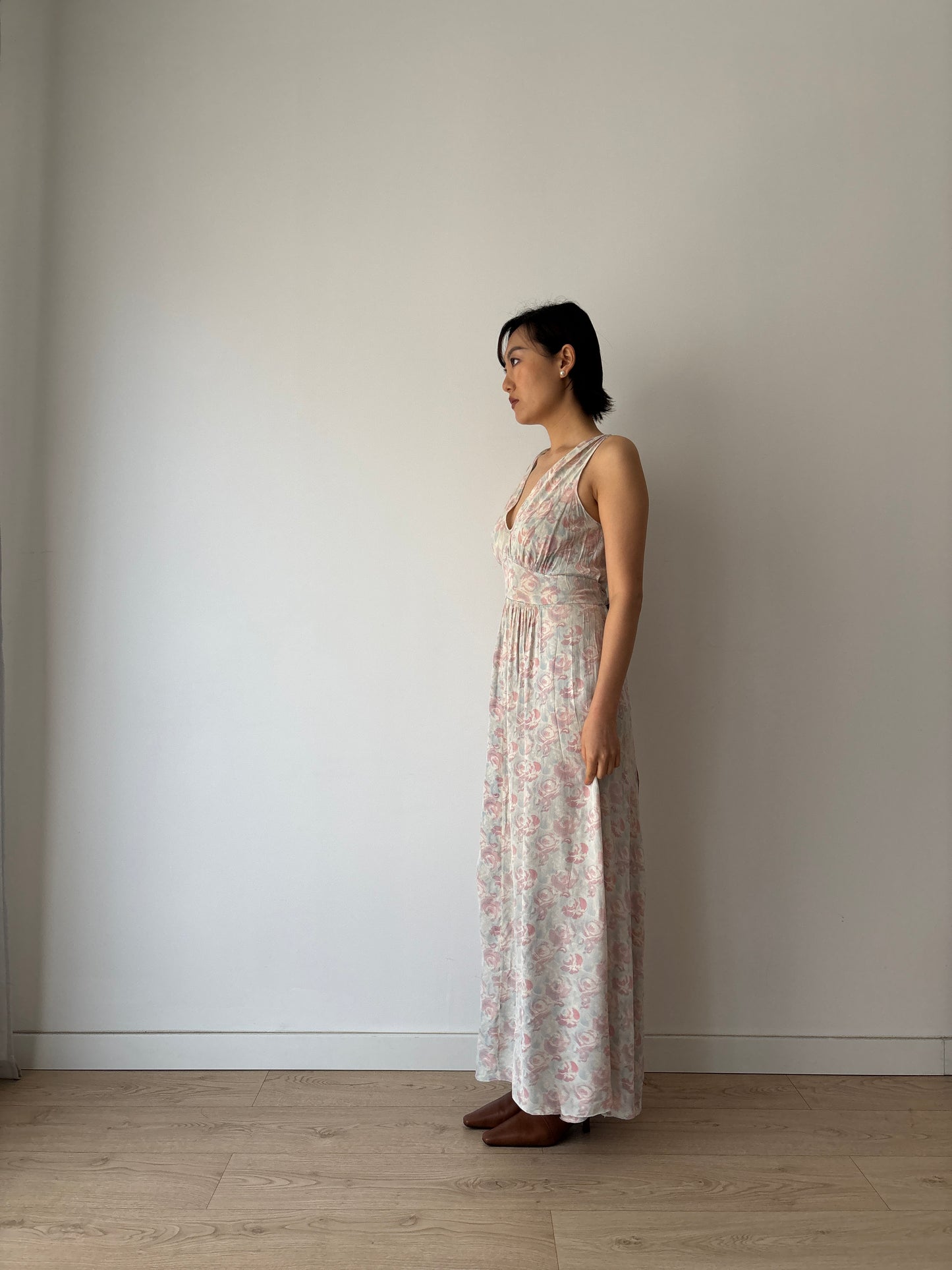 1930s Satin Floral Maxi Slip Dress, Pink Blue Print, Romantic Summer Gown