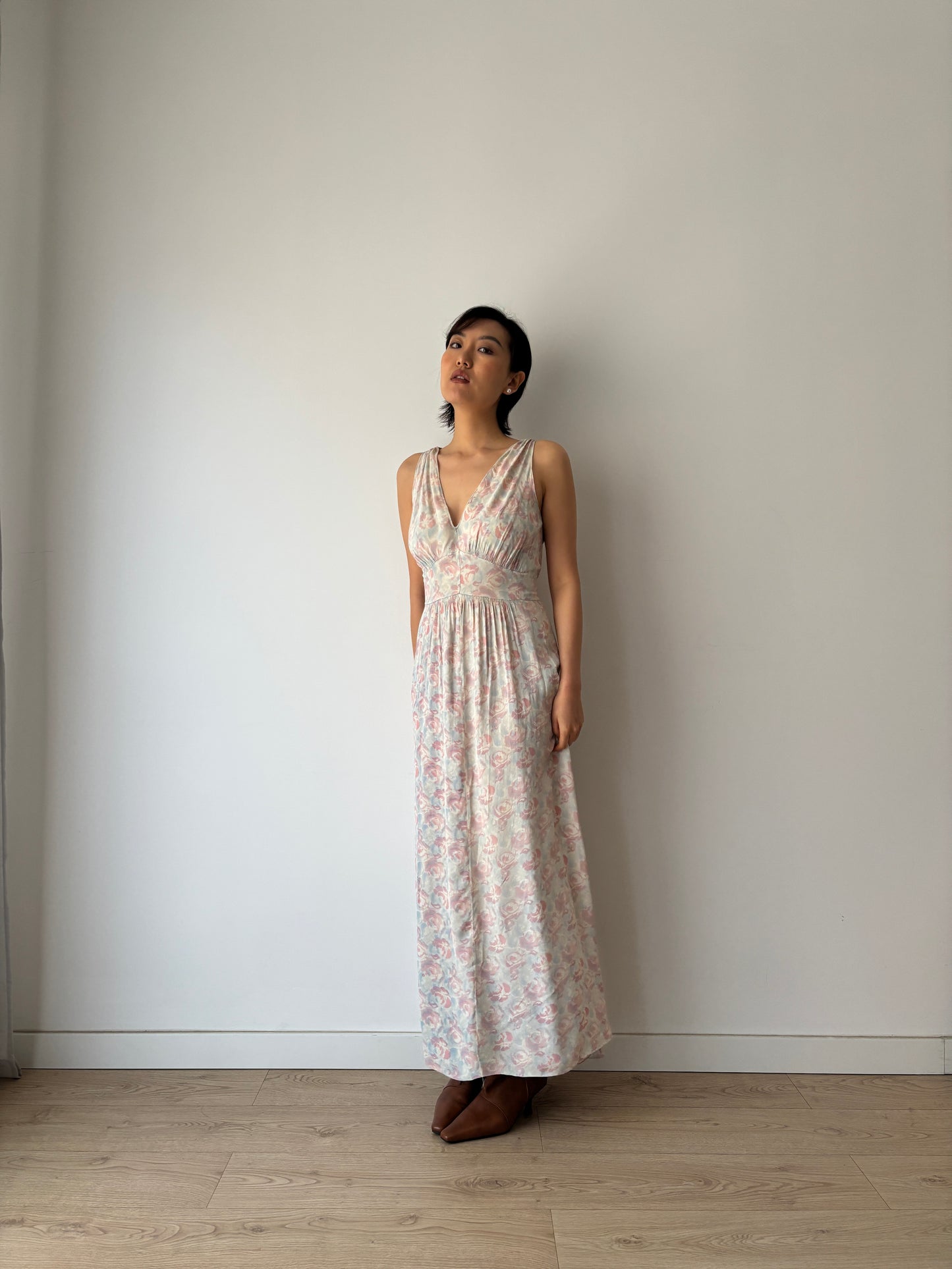 1930s Satin Floral Maxi Slip Dress, Pink Blue Print, Romantic Summer Gown
