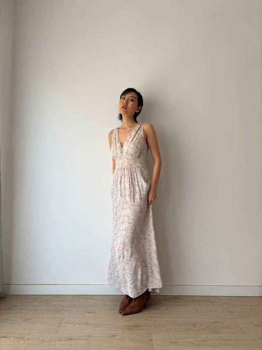 1930s Satin Floral Maxi Slip Dress, Pink Blue Print, Romantic Summer Gown