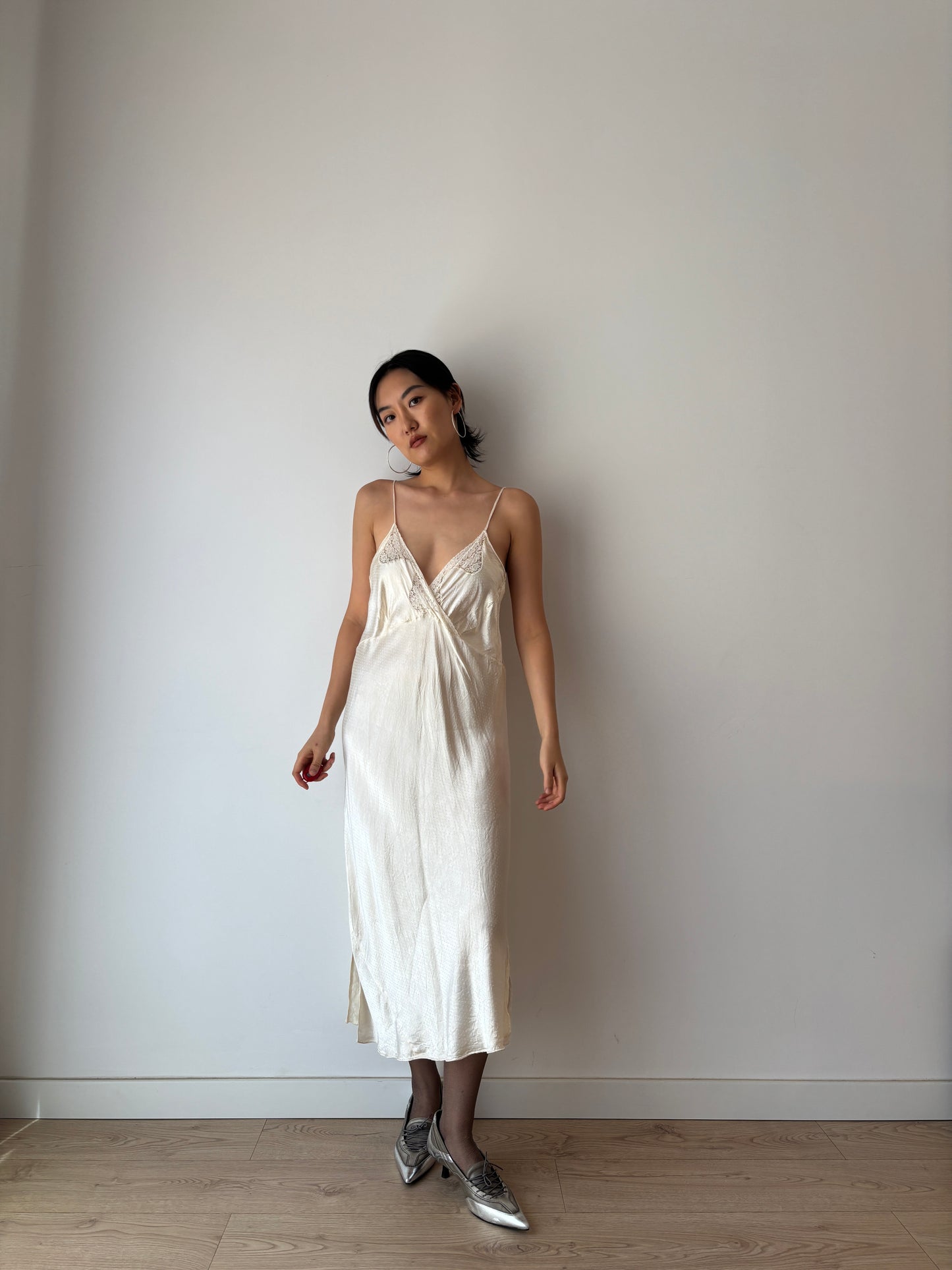 1940s White Antique Lace Liquid Silk Satin Slip Bridal dress