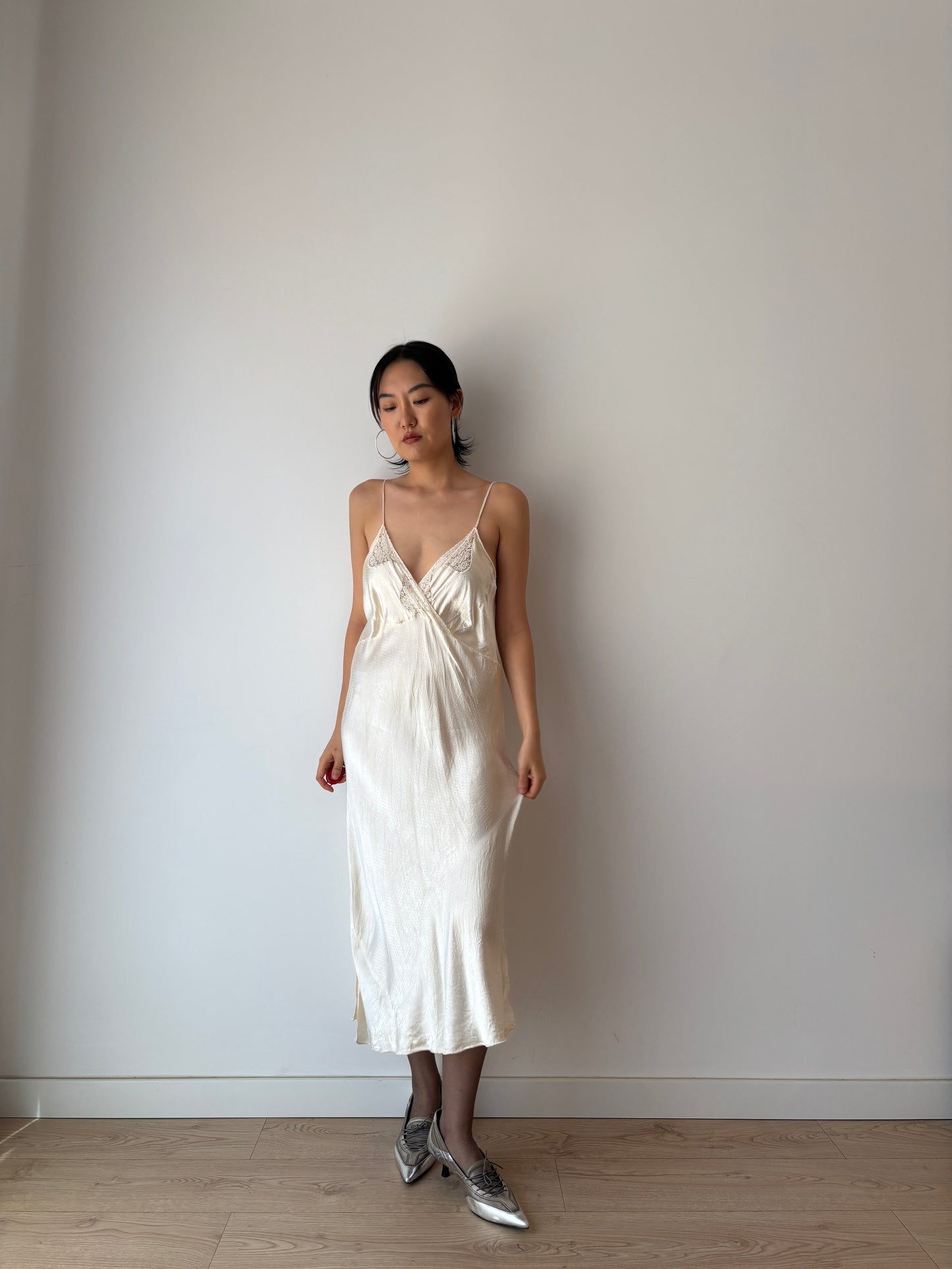 1940s White Antique Lace Liquid Silk Satin Slip Bridal dress