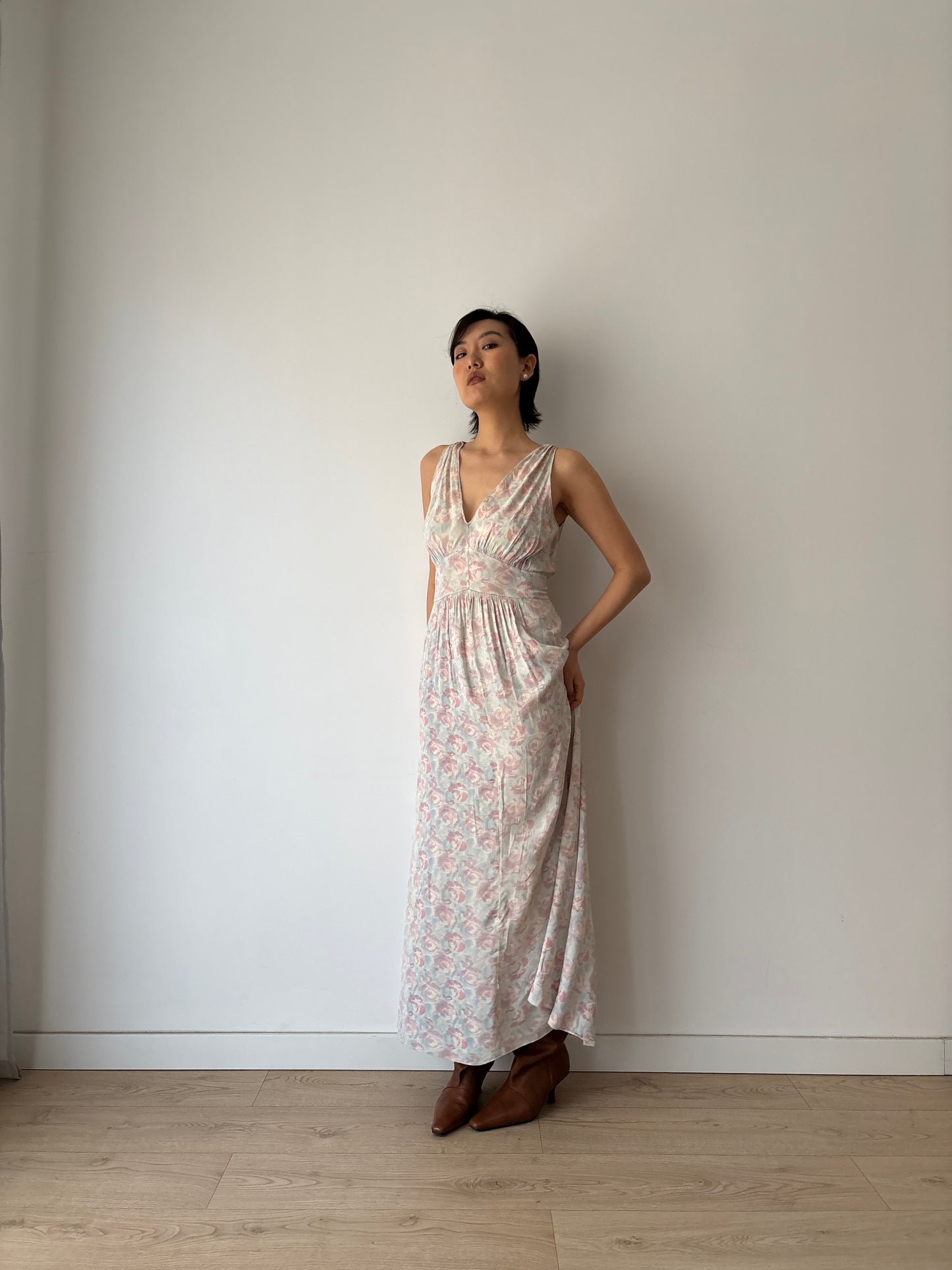1930s Satin Floral Maxi Slip Dress, Pink Blue Print, Romantic Summer Gown