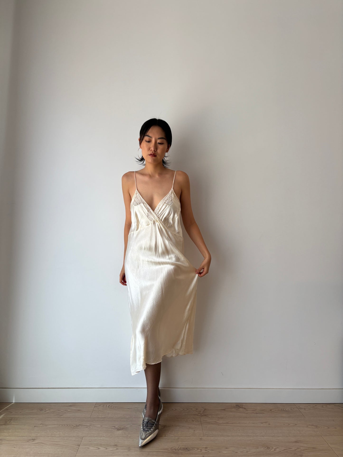 1940s White Antique Lace Liquid Silk Satin Slip Bridal dress