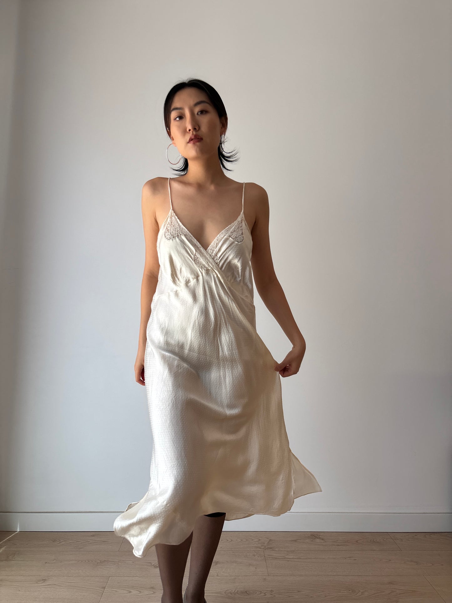 1940s White Antique Lace Liquid Silk Satin Slip Bridal dress