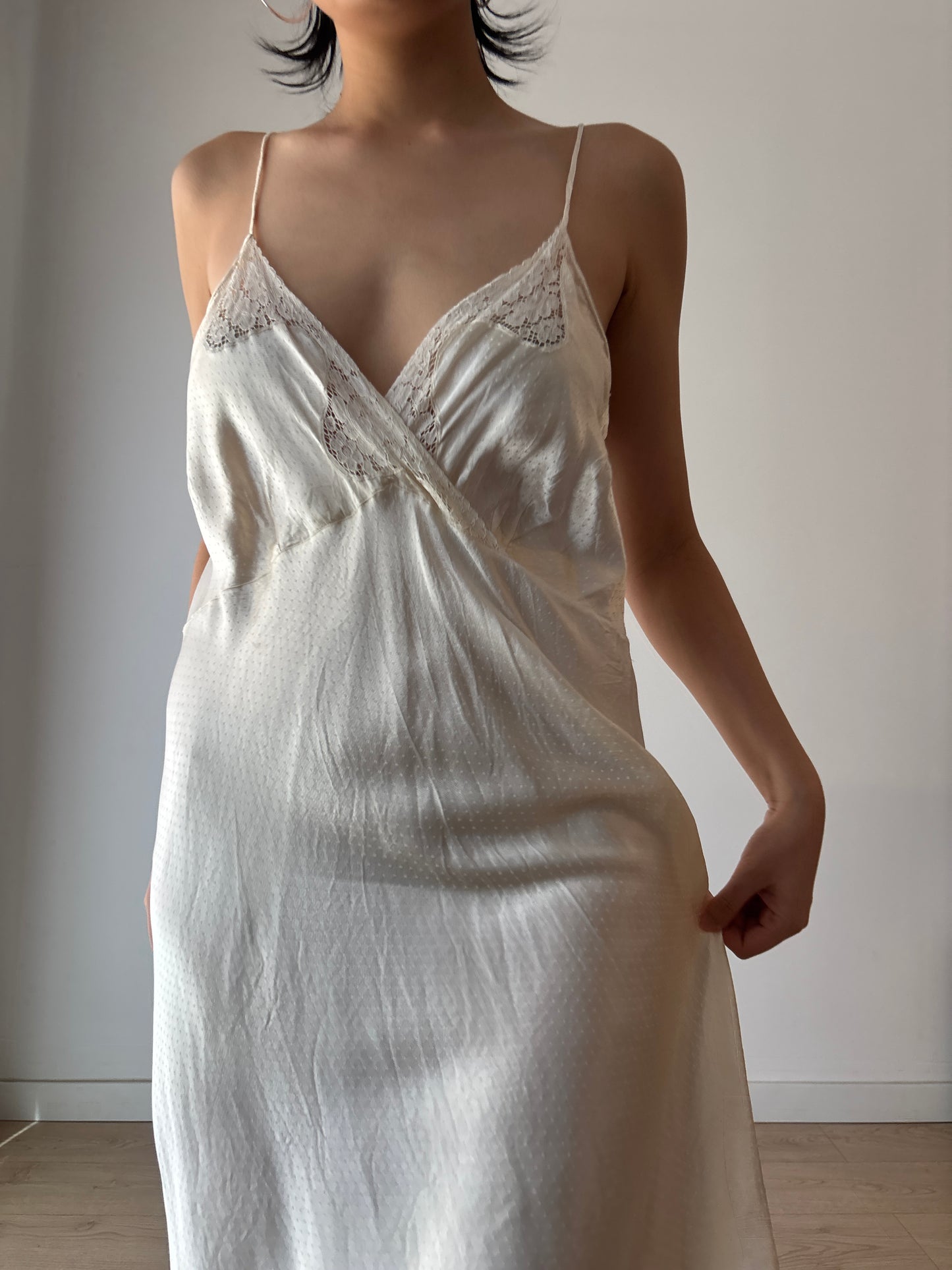 1940s White Antique Lace Liquid Silk Satin Slip Bridal dress