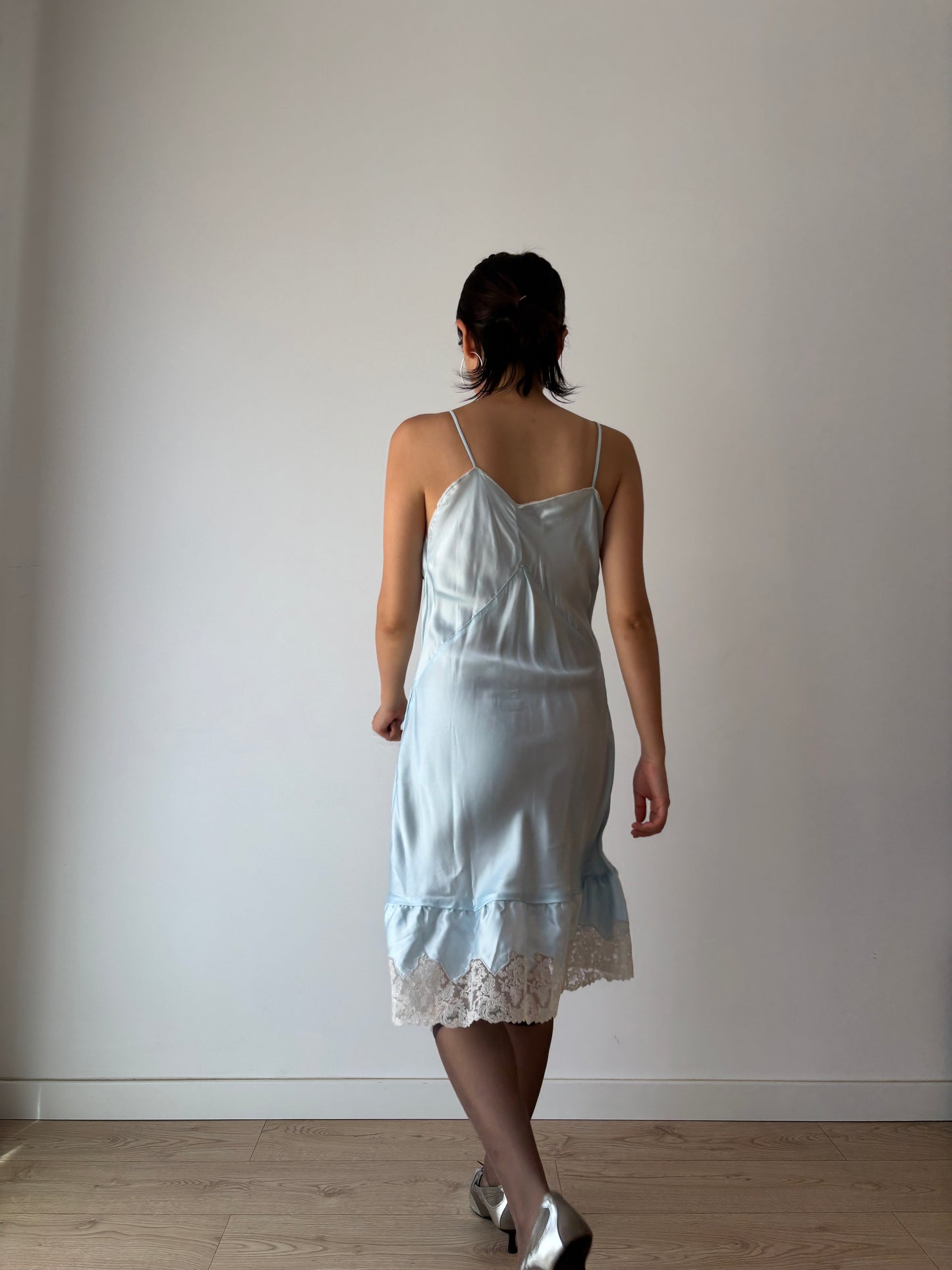 Vintage Antique Pastel Blue French Lace Liquid Silk Satin Slip Dress