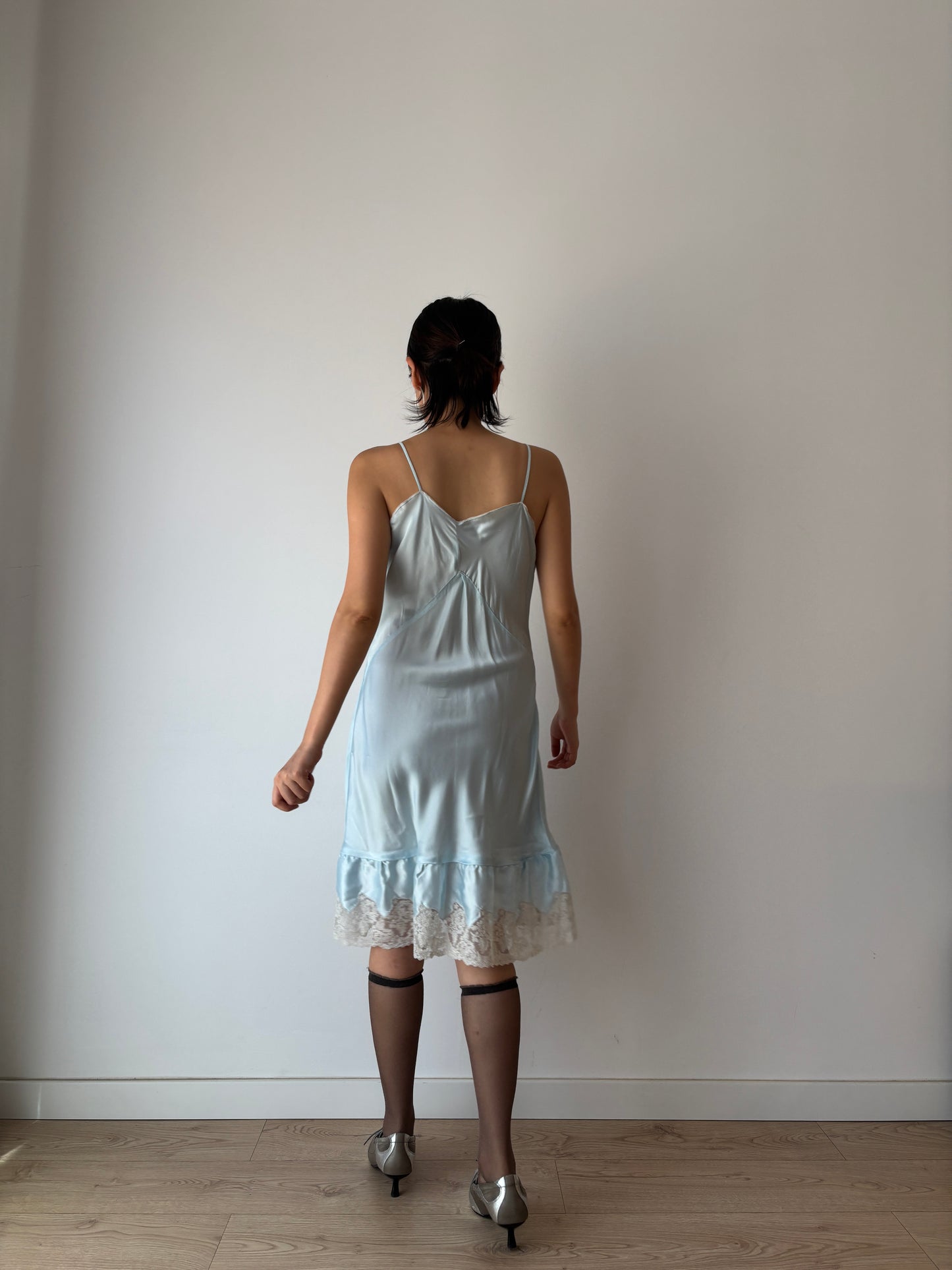 Vintage Antique Pastel Blue French Lace Liquid Silk Satin Slip Dress