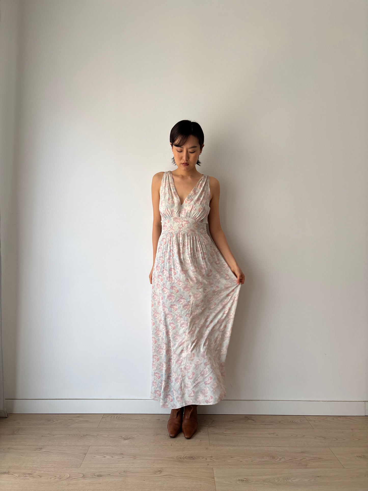 1930s Satin Floral Maxi Slip Dress, Pink Blue Print, Romantic Summer Gown