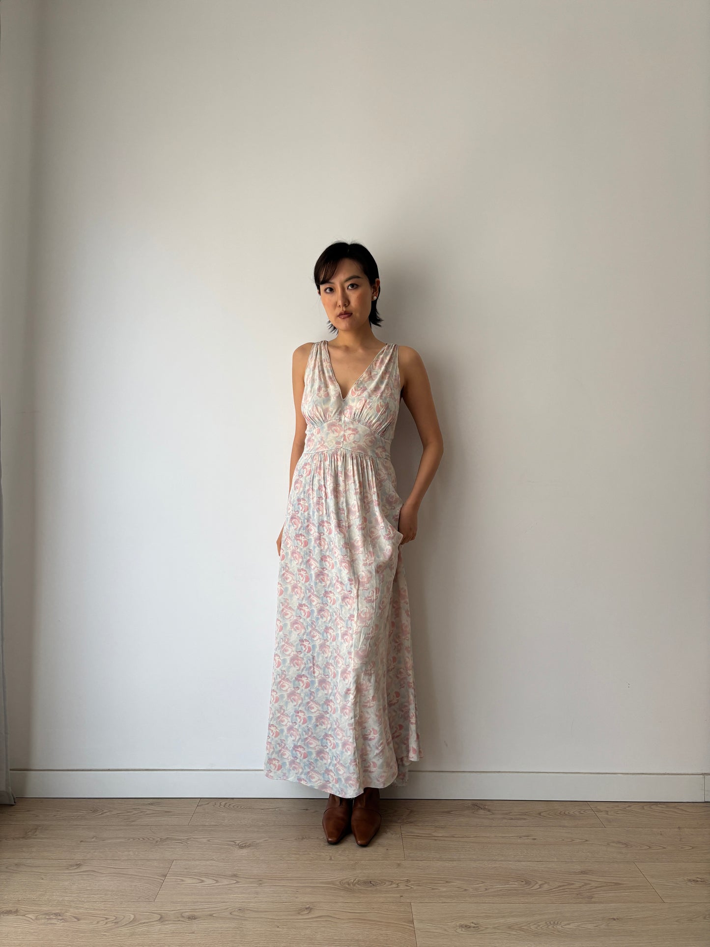 1930s Satin Floral Maxi Slip Dress, Pink Blue Print, Romantic Summer Gown