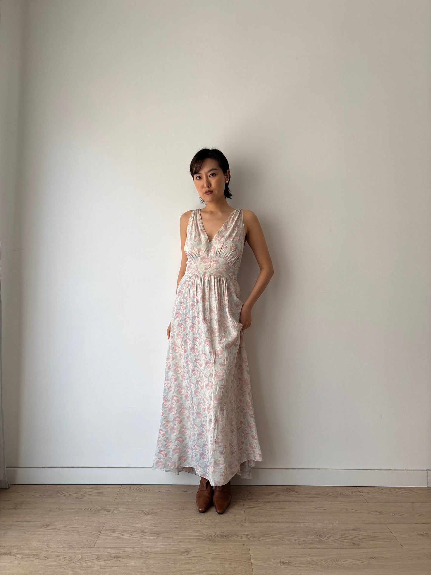 1930s Satin Floral Maxi Slip Dress, Pink Blue Print, Romantic Summer Gown